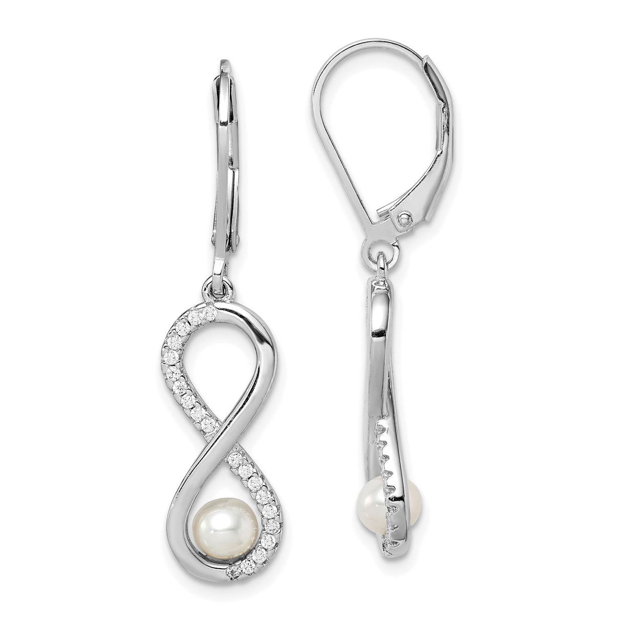 Sterling Silver Dangle Earrings with White Pearl and Cubic Zirconia, Infinity Leverback Design