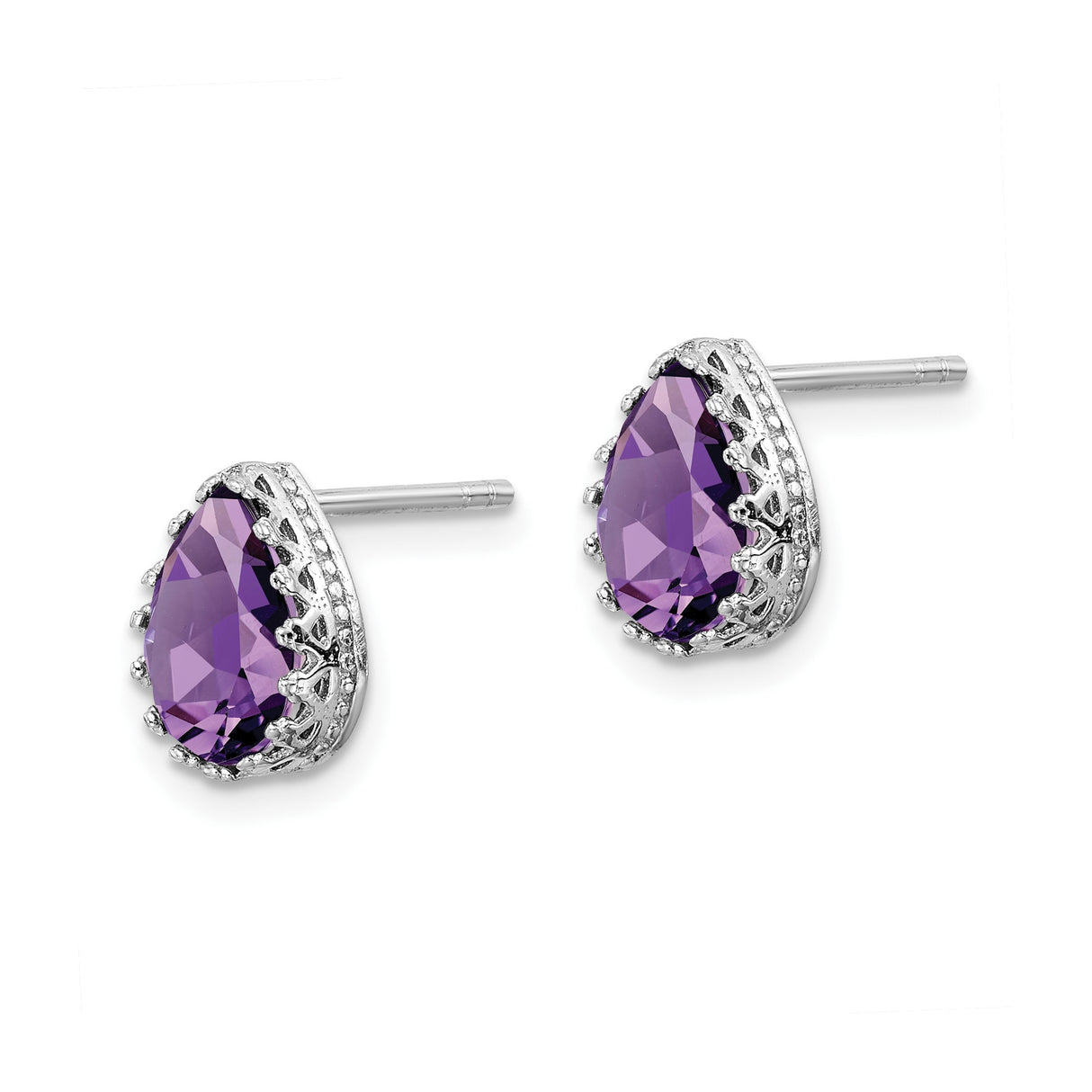 Sterling Silver Teardrop Stud Earrings with Amethyst Gemstone and Crown Prong Setting