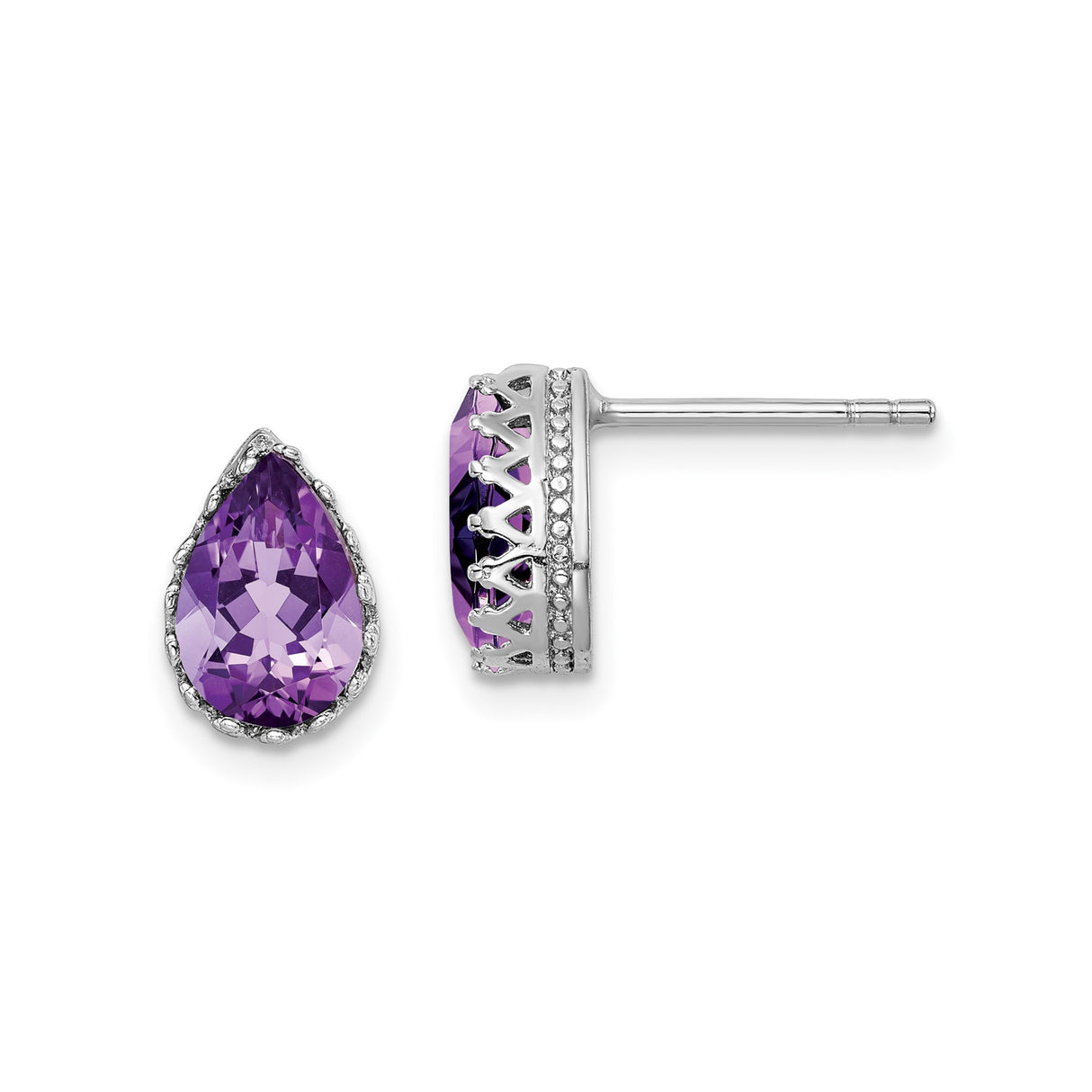 Sterling Silver Teardrop Stud Earrings with Amethyst Gemstone and Crown Prong Setting