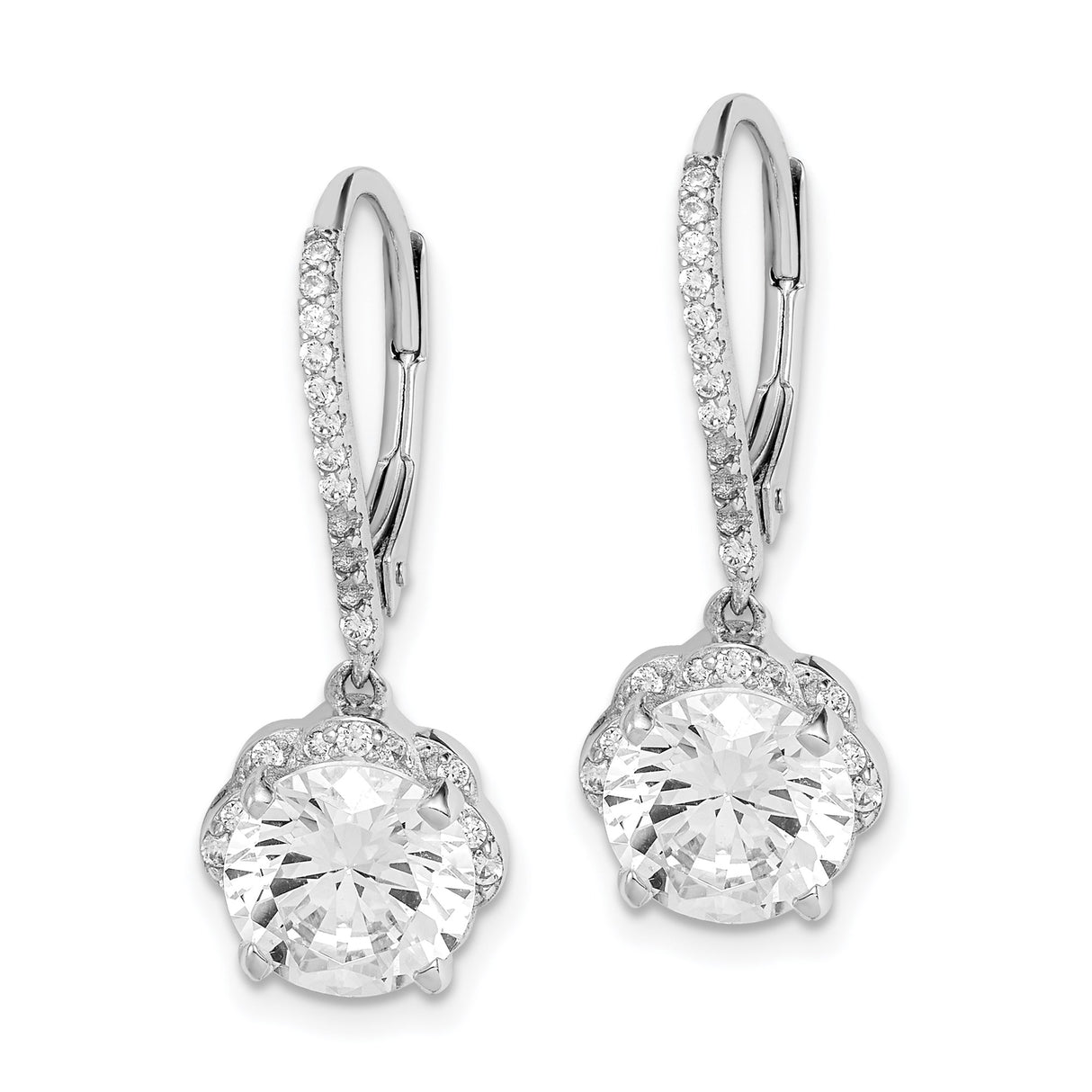 Sterling Silver Drop Earrings with Round Cubic Zirconia, Floral Halo Design, Leverback Closure