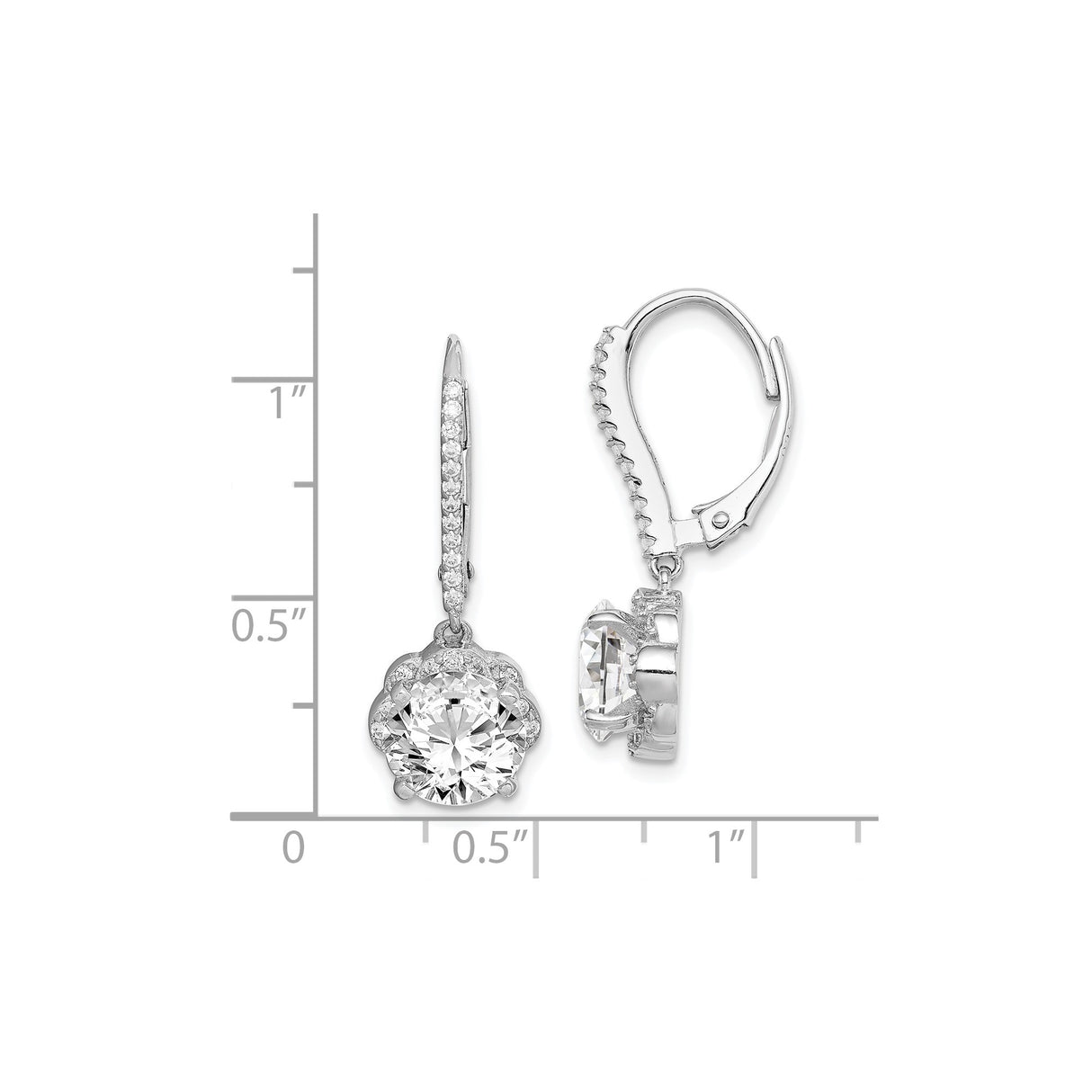 Sterling Silver Drop Earrings with Round Cubic Zirconia, Floral Halo Design, Leverback Closure