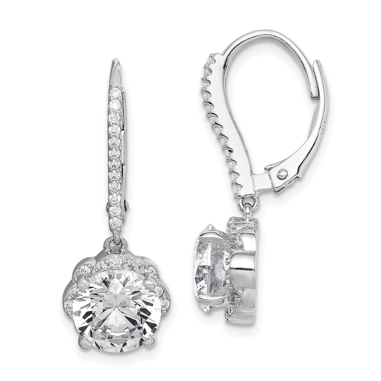 Sterling Silver Drop Earrings with Round Cubic Zirconia, Floral Halo Design, Leverback Closure