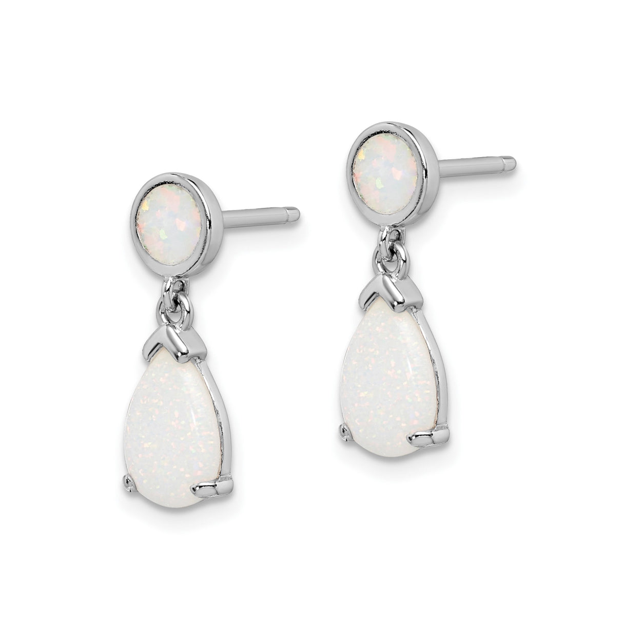Sterling Silver Dangle Earrings with Round and Teardrop Created Opal Stones, Minimalist Drop Style