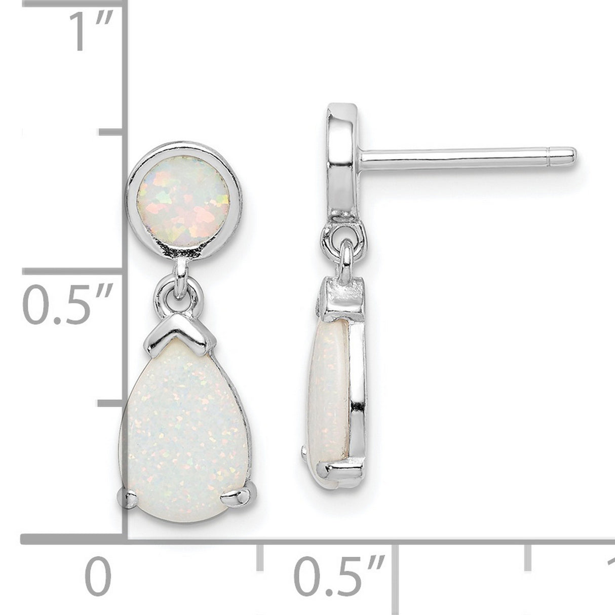 Sterling Silver Dangle Earrings with Round and Teardrop Created Opal Stones, Minimalist Drop Style