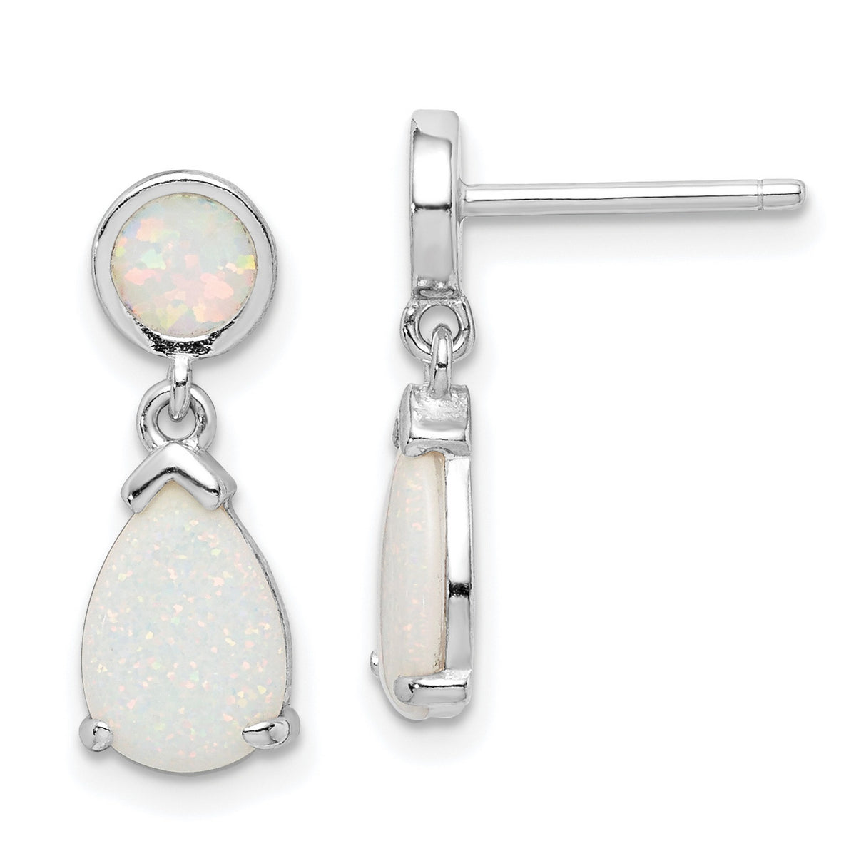 Sterling Silver Dangle Earrings with Round and Teardrop Created Opal Stones, Minimalist Drop Style