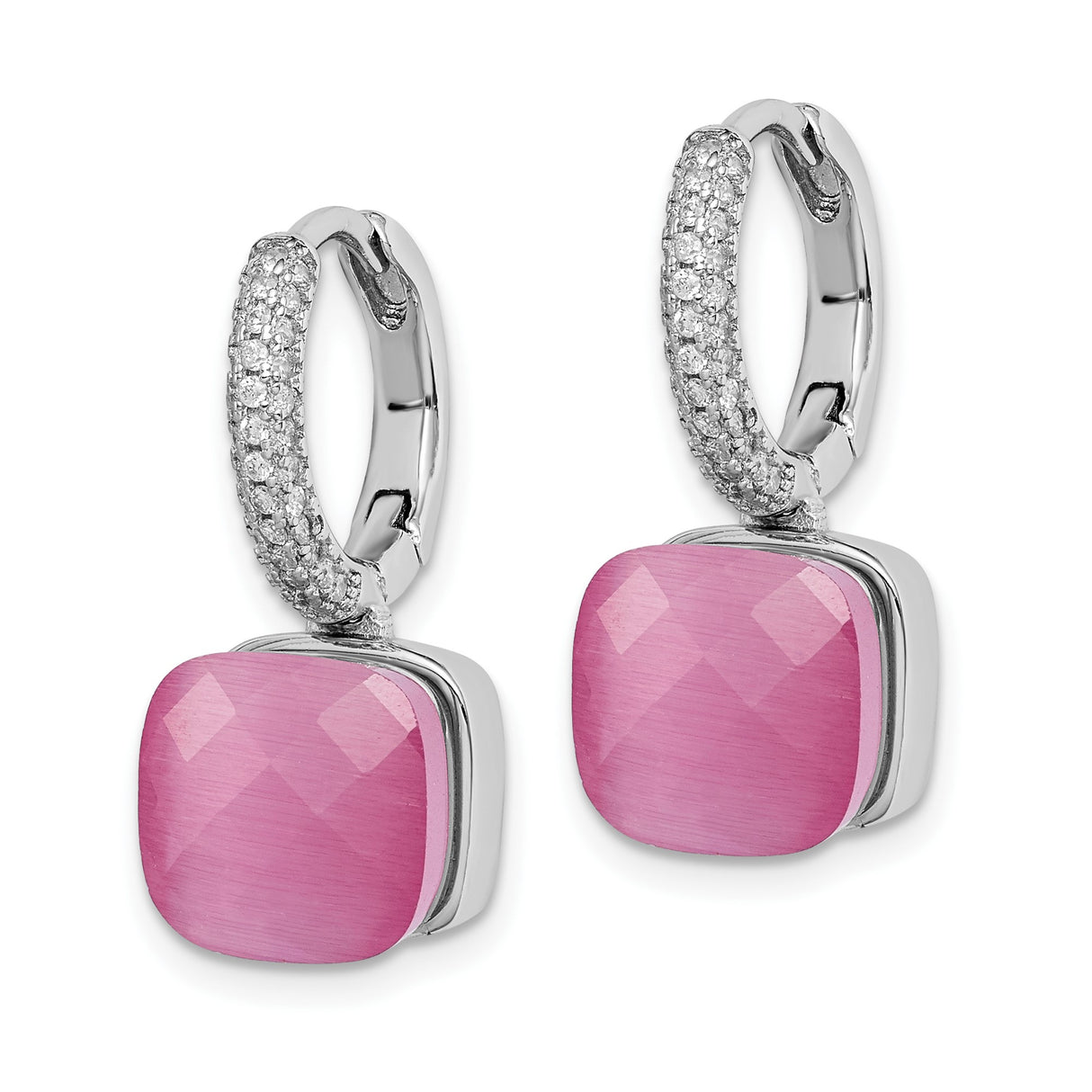 Sterling Silver Drop Earrings with Faceted Pink Cushion Cut Stones and Pavé Cubic Zirconia
