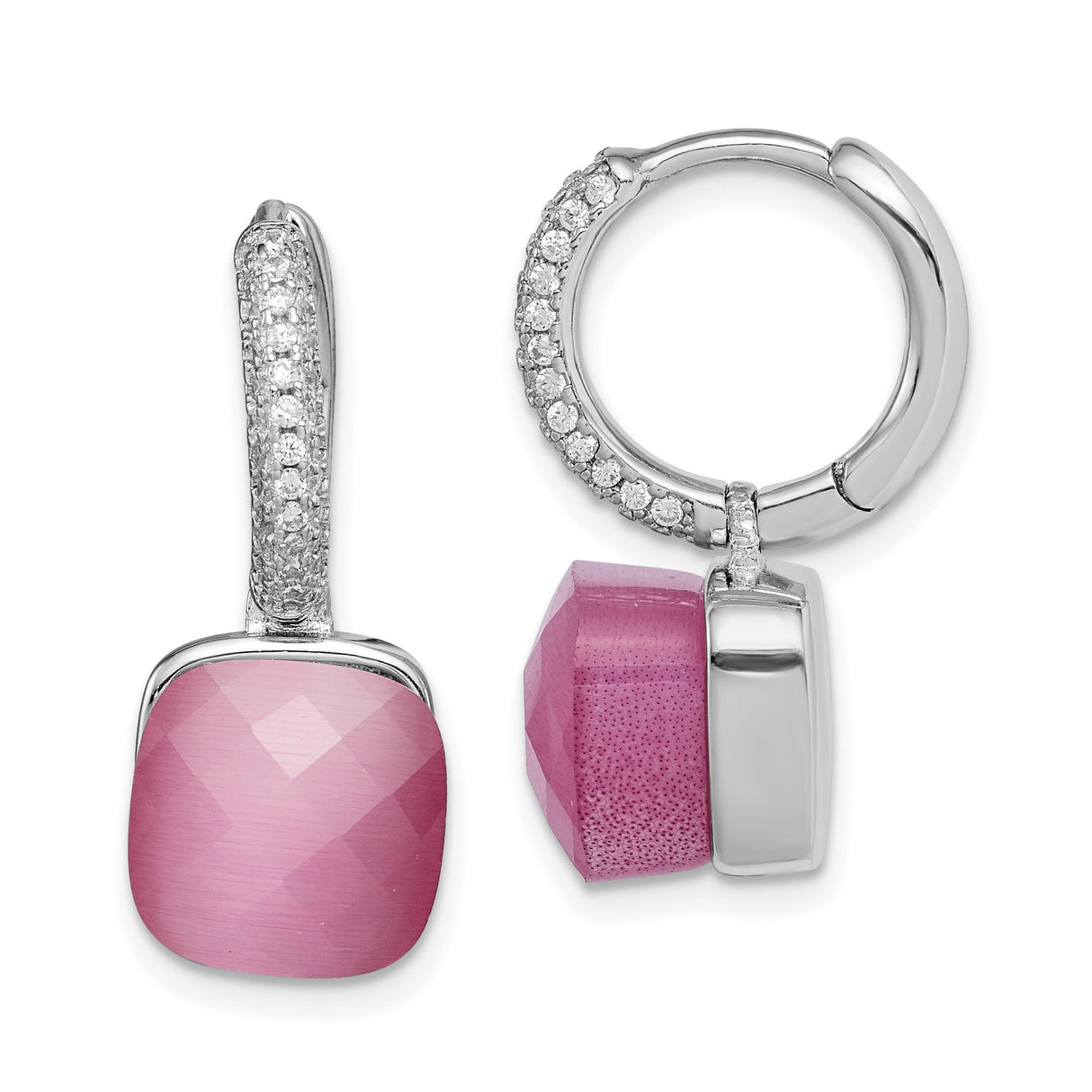 Sterling Silver Drop Earrings with Faceted Pink Cushion Cut Stones and Pavé Cubic Zirconia