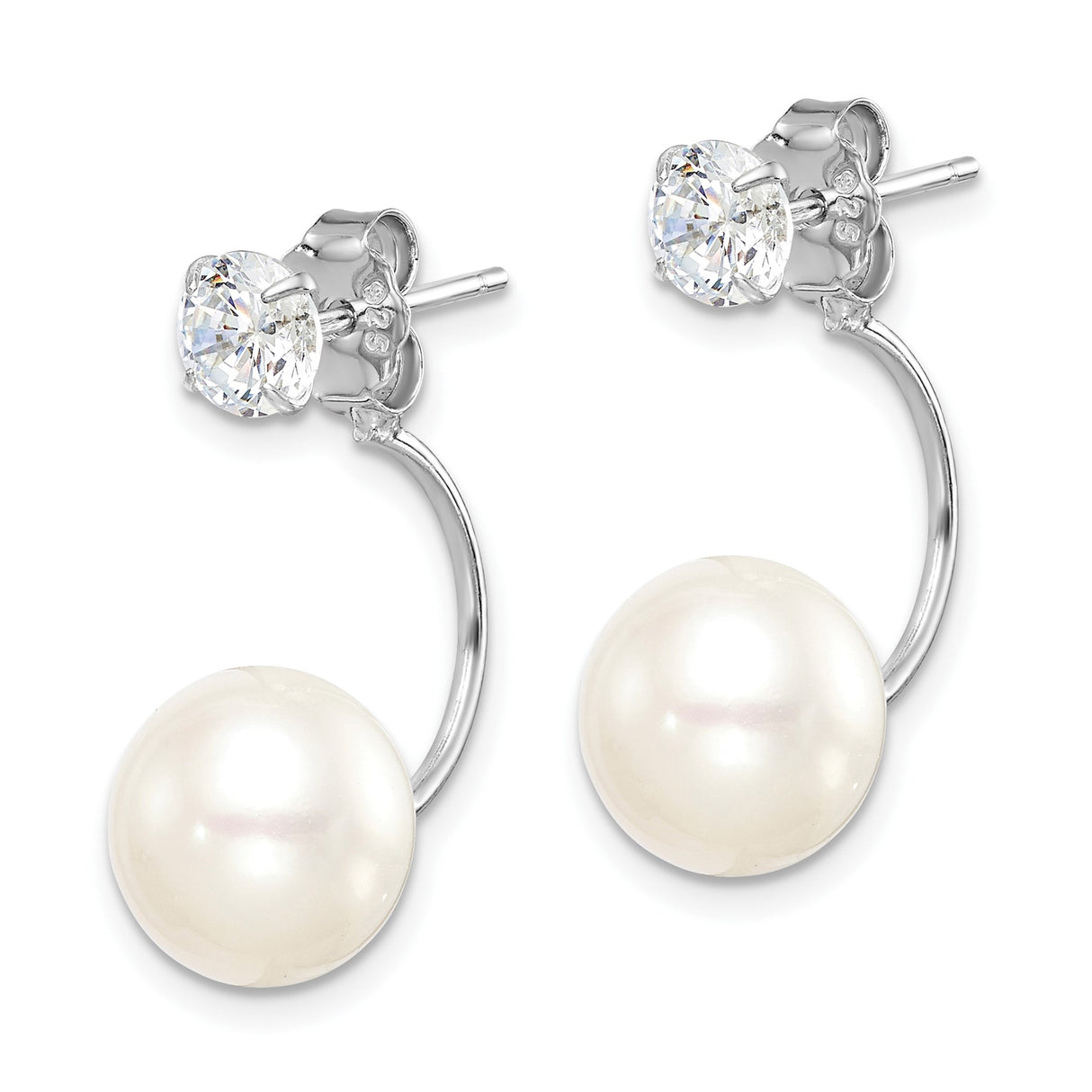 Sterling Silver Front Back Drop Earrings with Pearl and Cubic Zirconia Studs