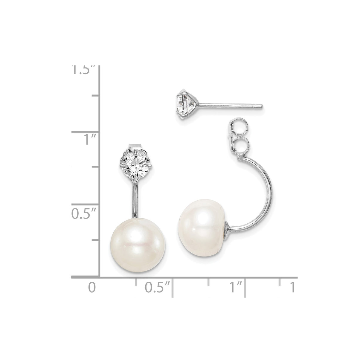 Sterling Silver Front Back Drop Earrings with Pearl and Cubic Zirconia Studs