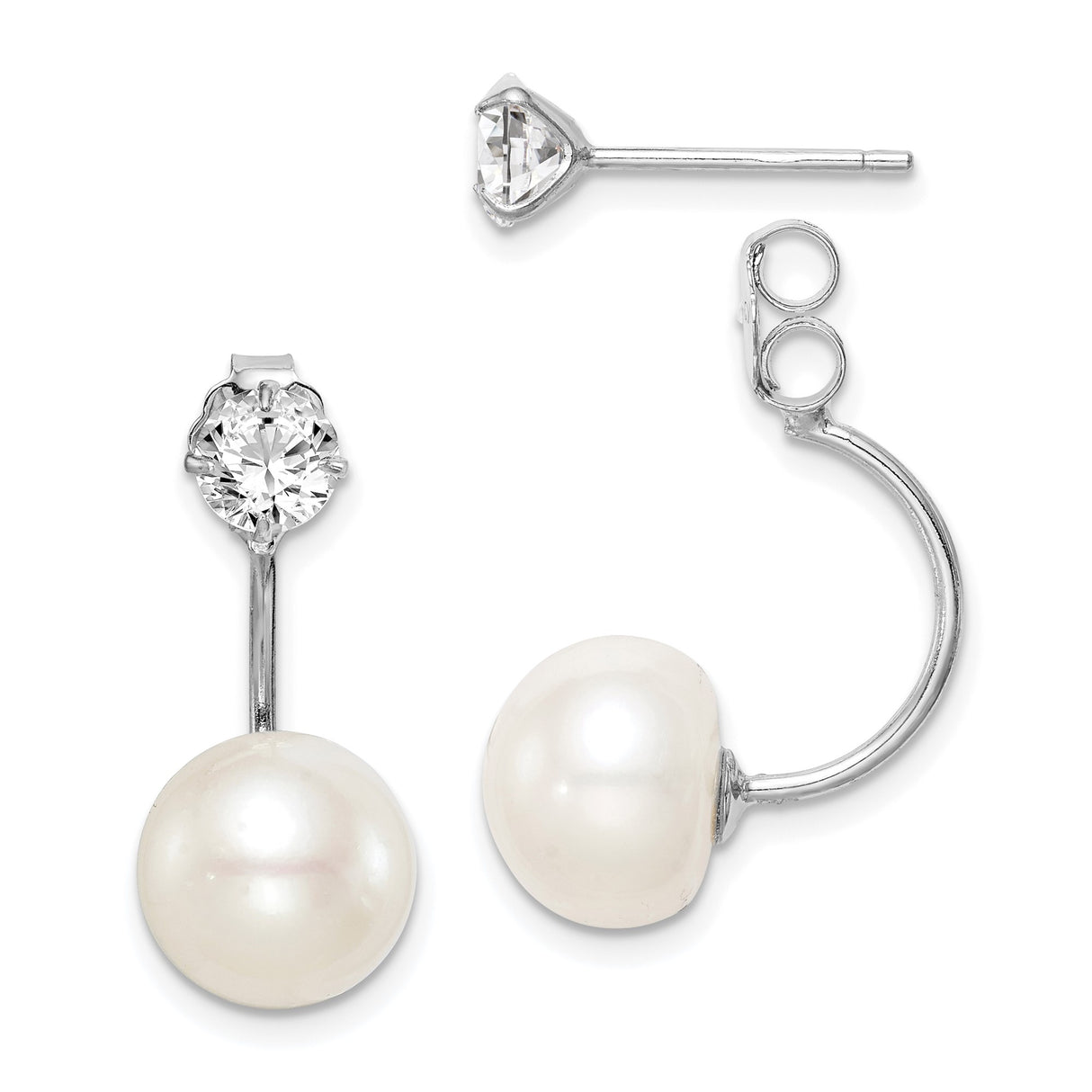 Sterling Silver Front Back Drop Earrings with Pearl and Cubic Zirconia Studs