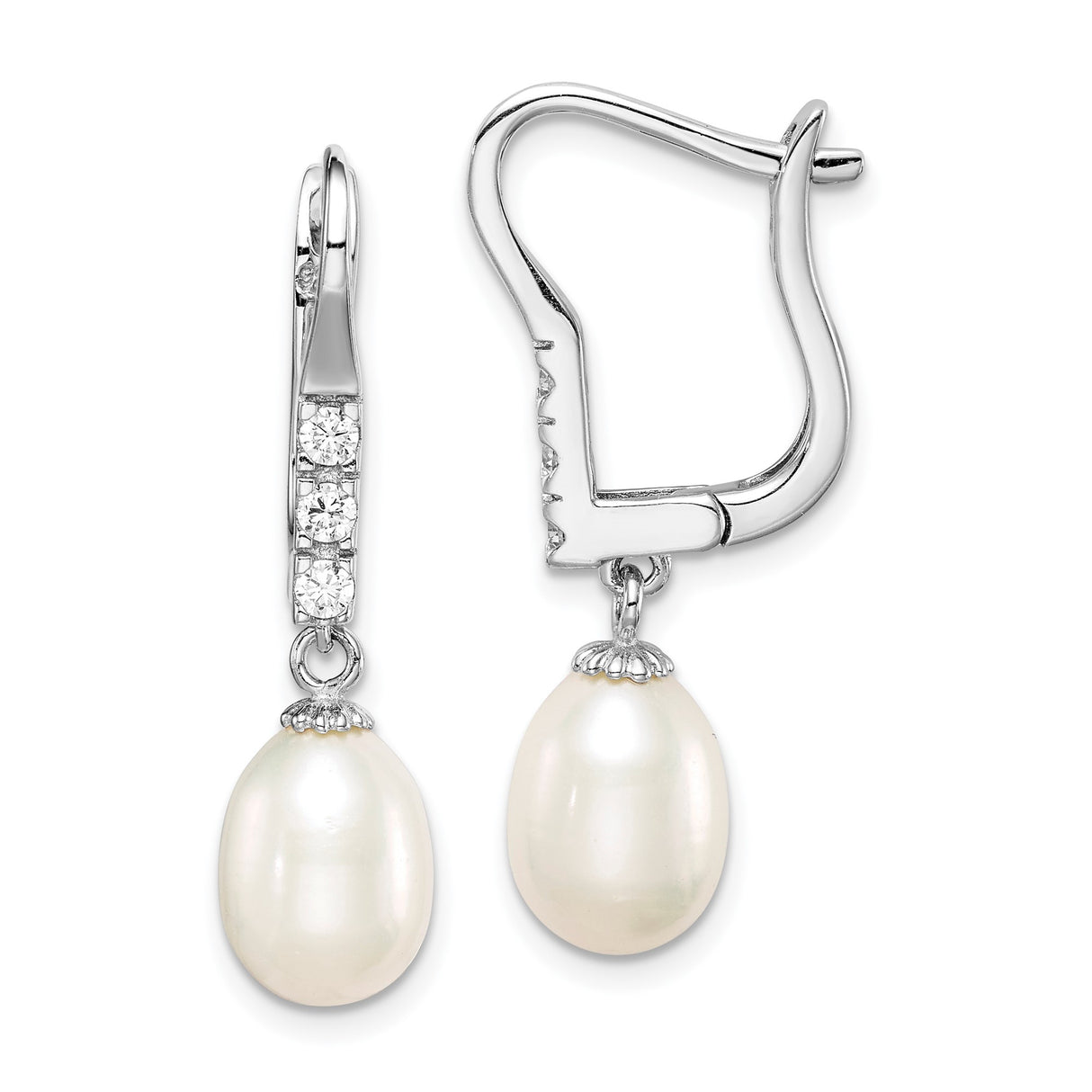 Sterling Silver Dangle Earrings with White Freshwater Pearl and Cubic Zirconia Accents