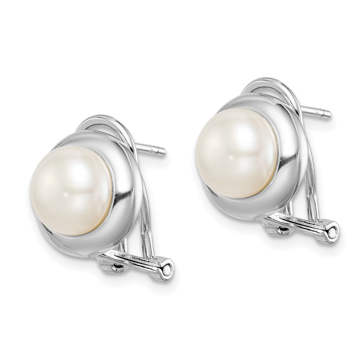 Sterling Silver Stud Earrings with White Round Freshwater Cultured Pearls, Bezel Set Omega Back Design