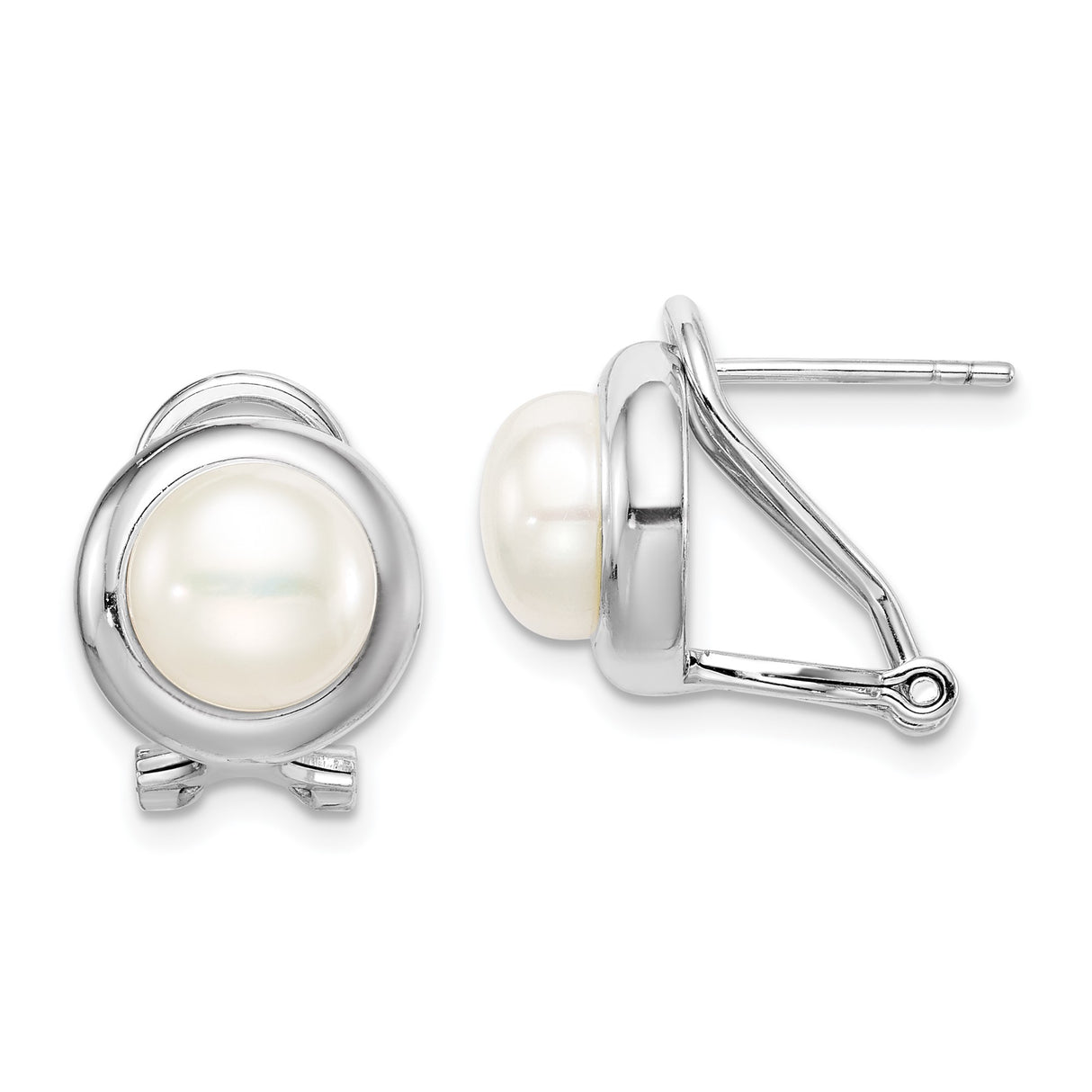 Sterling Silver Stud Earrings with White Round Freshwater Cultured Pearls, Bezel Set Omega Back Design