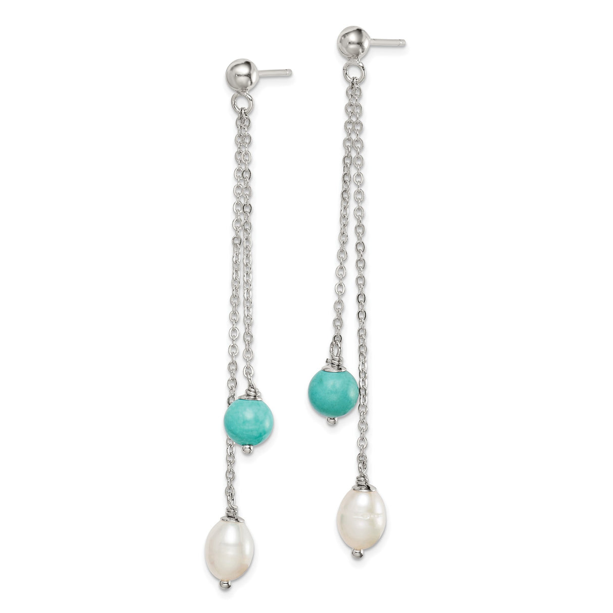 Sterling Silver Dangle Earrings with Turquoise and Freshwater Pearls, Boho Minimalist Style