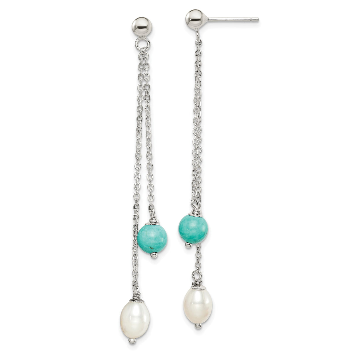 Sterling Silver Dangle Earrings with Turquoise and Freshwater Pearls, Boho Minimalist Style
