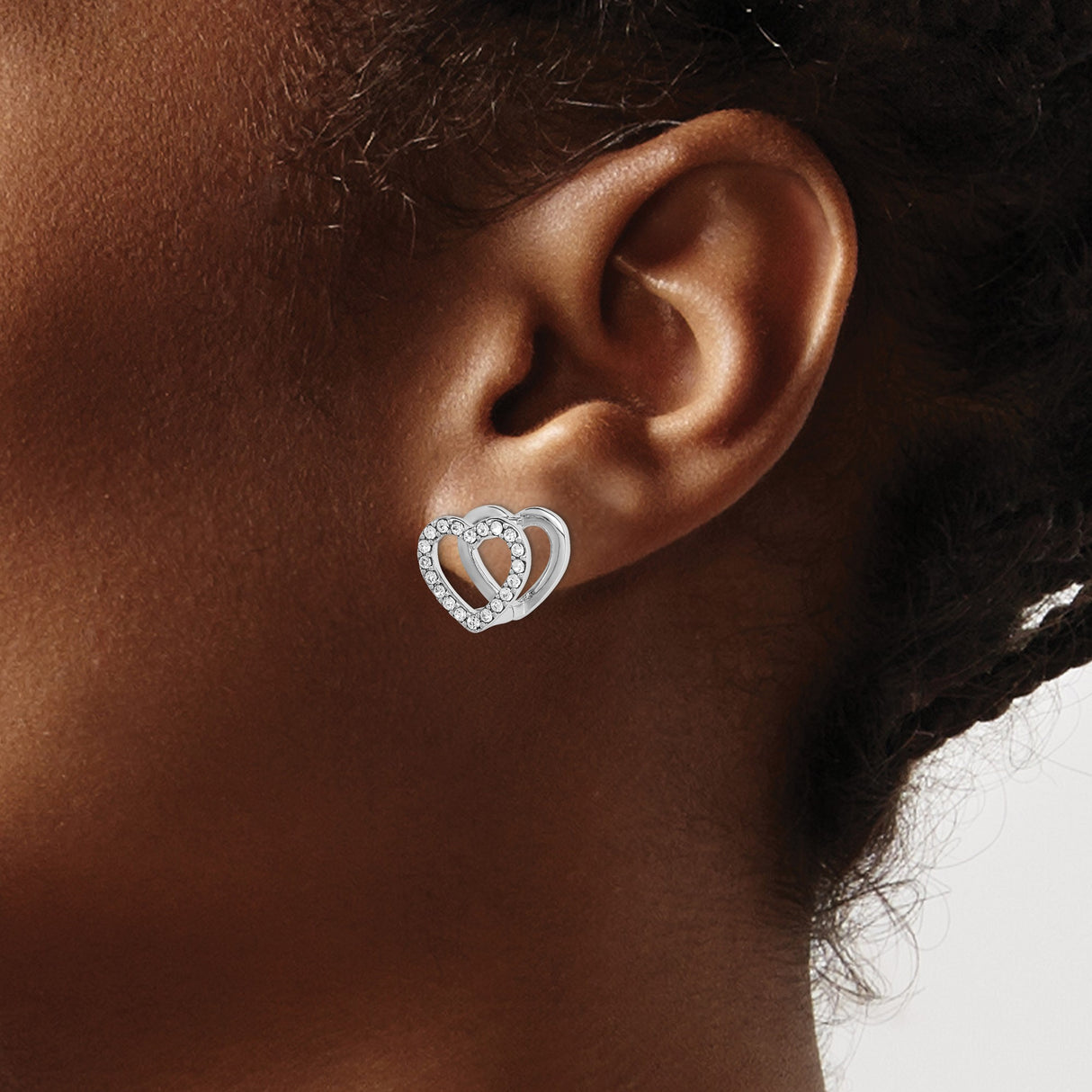 Sterling Silver Heart Earrings with Clear Cubic Zirconia, Open Heart Design, Hinged Clasp