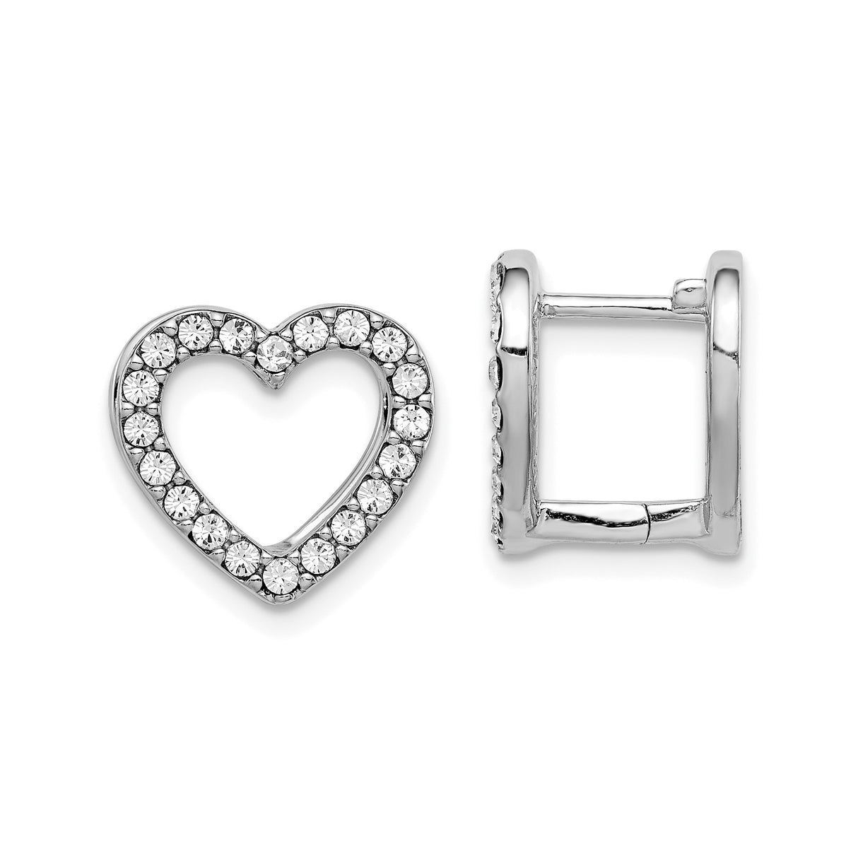 Sterling Silver Heart Earrings with Clear Cubic Zirconia, Open Heart Design, Hinged Clasp