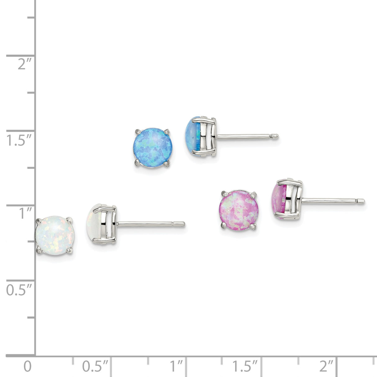 Sterling Silver Stud Earrings with Round Cut Created Opal in White, Blue, and Pink