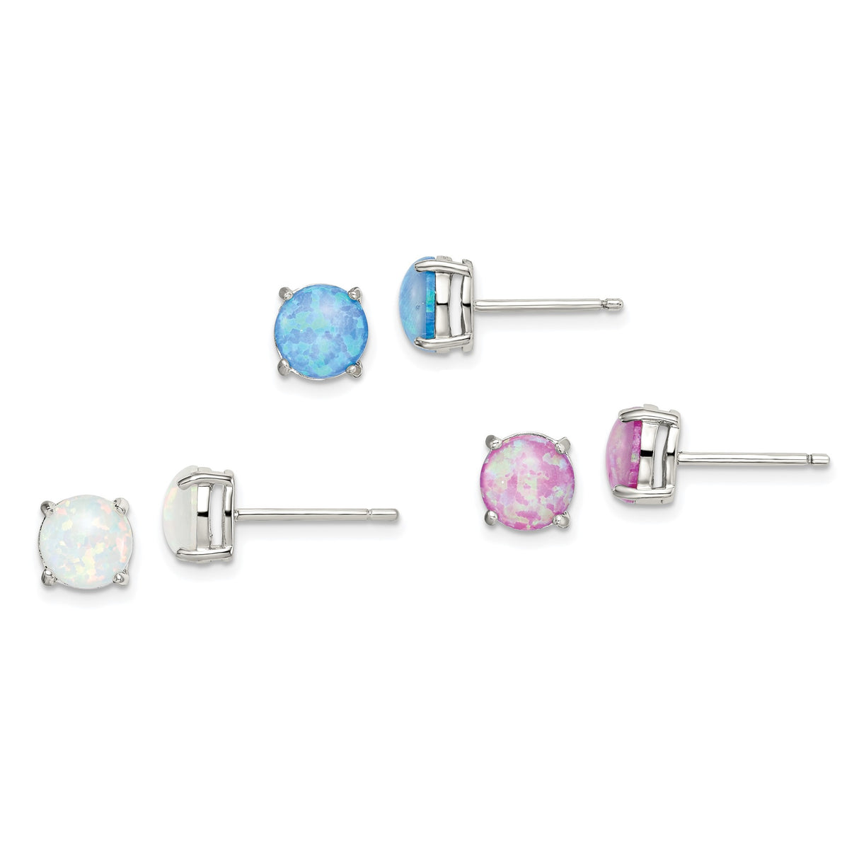 Sterling Silver Stud Earrings with Round Cut Created Opal in White, Blue, and Pink