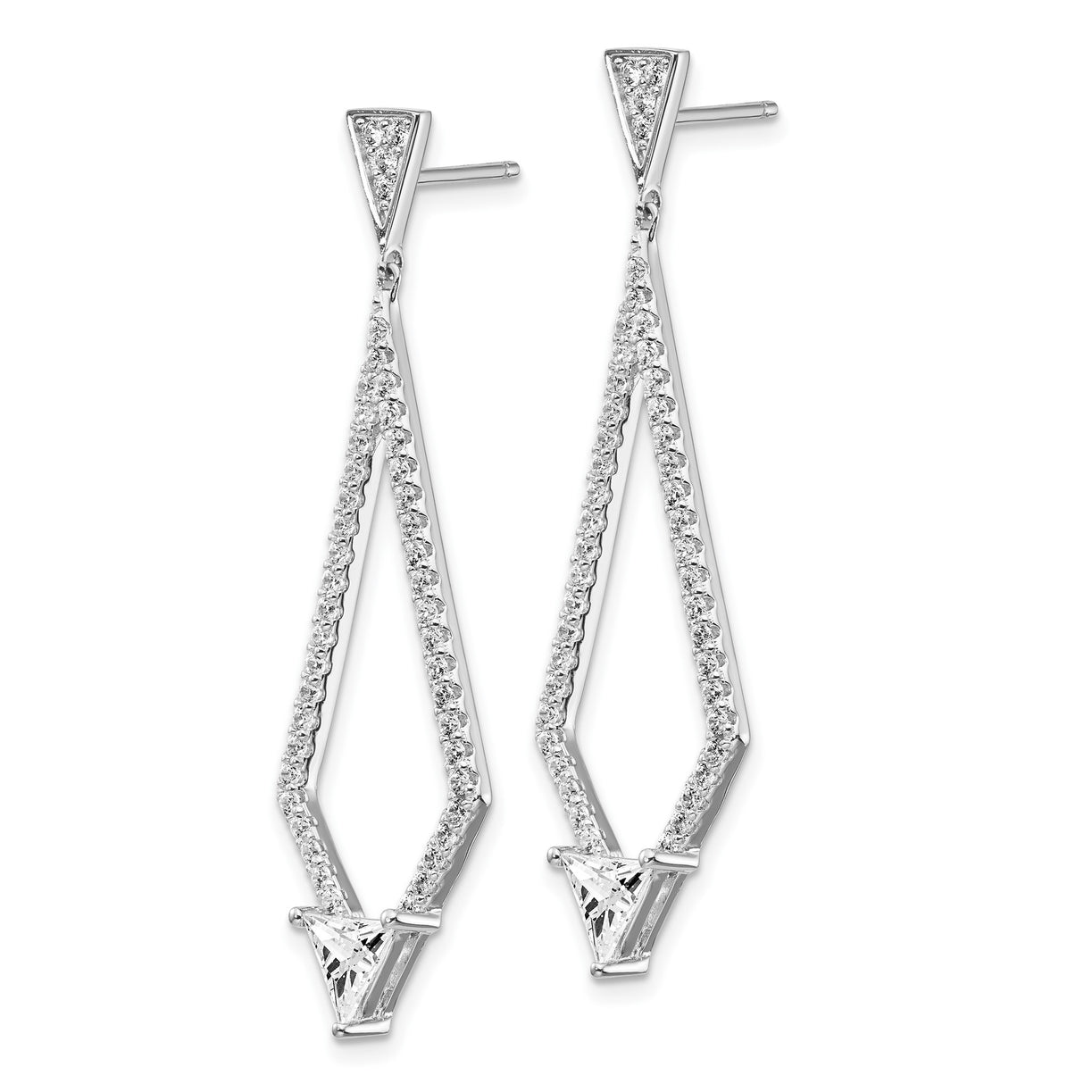 Sterling Silver Drop Earrings with Cubic Zirconia, Trillion Cut, Geometric Design, Long Dangle