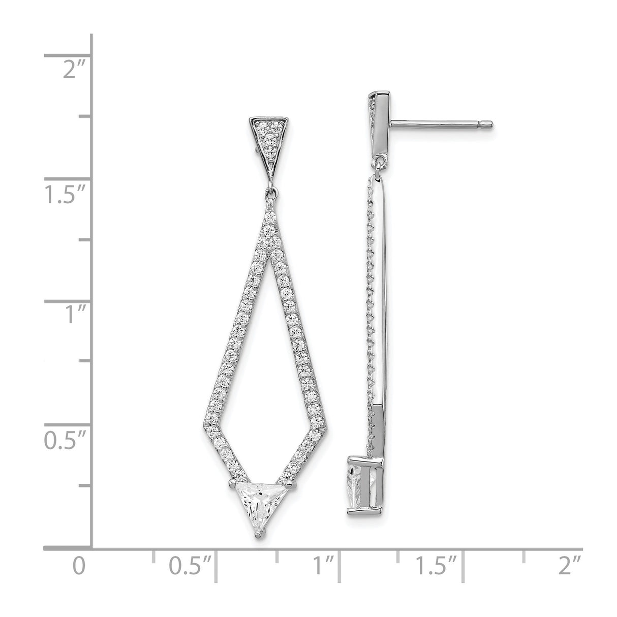 Sterling Silver Drop Earrings with Cubic Zirconia, Trillion Cut, Geometric Design, Long Dangle