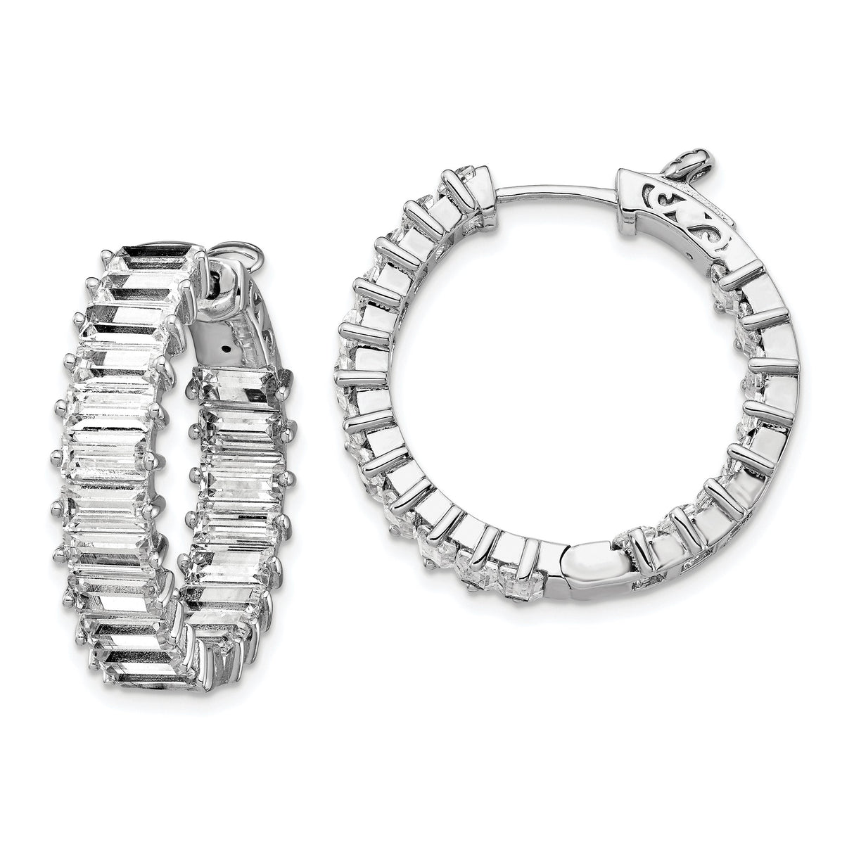 Sterling Silver Hoop Earrings with Baguette Cut Cubic Zirconia, Eternity Style Design