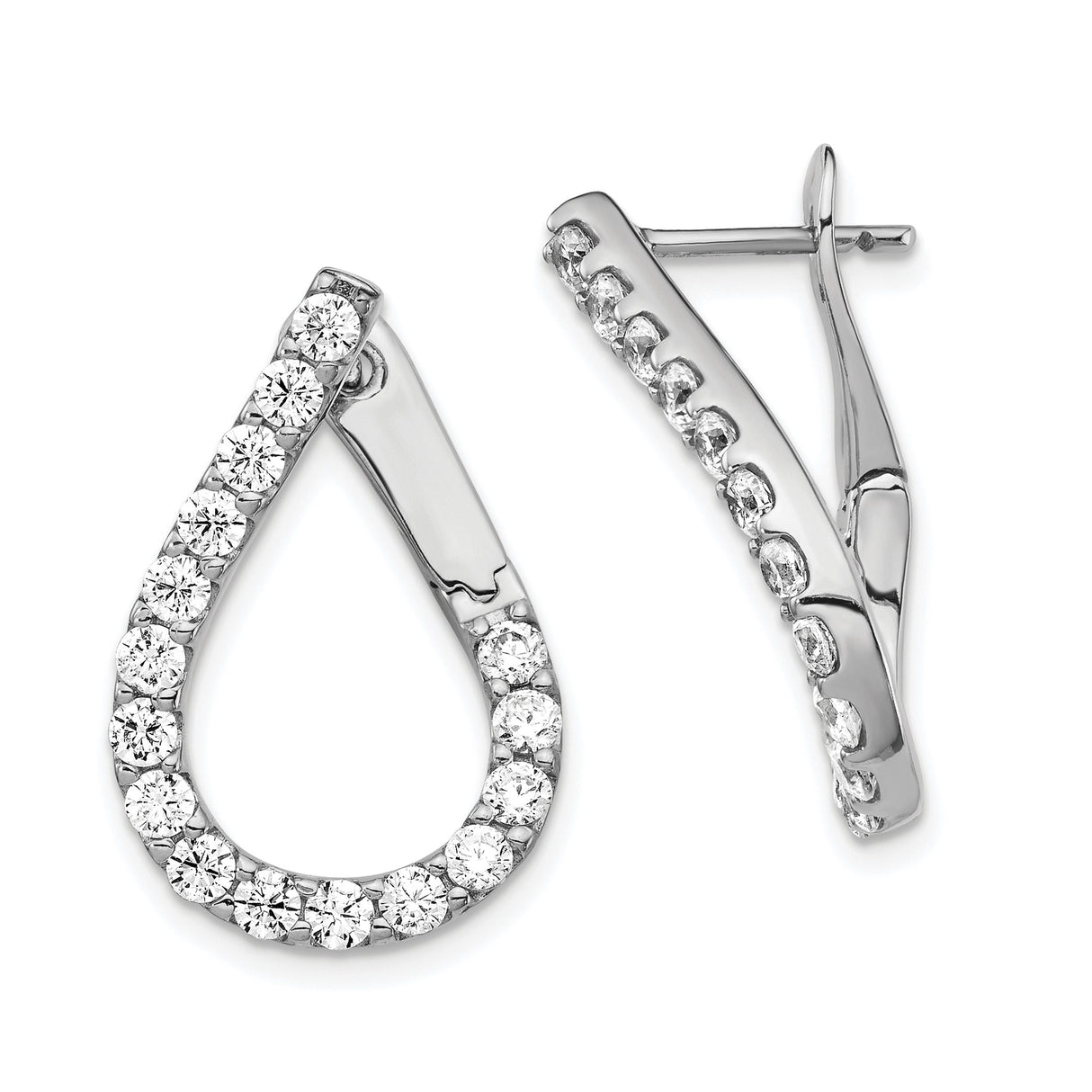 Sterling Silver Teardrop Hoop Earrings with Cubic Zirconia, Rhodium Plated Dangle Design