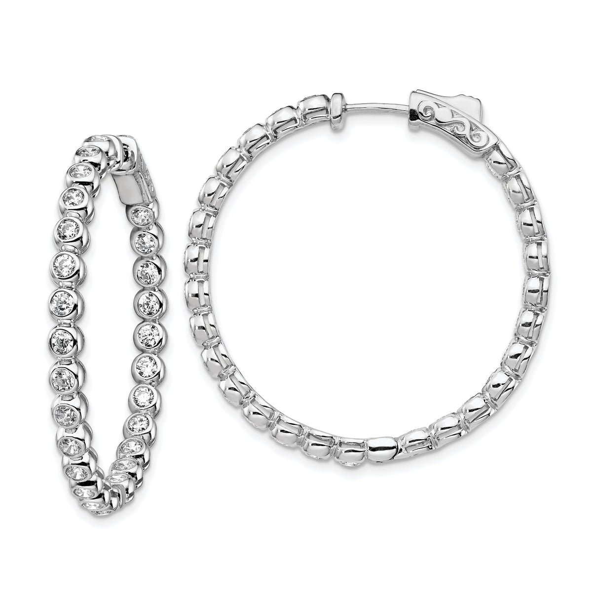 Sterling Silver Hoop Earrings with Cubic Zirconia, Bezel Set, Polished Modern Style