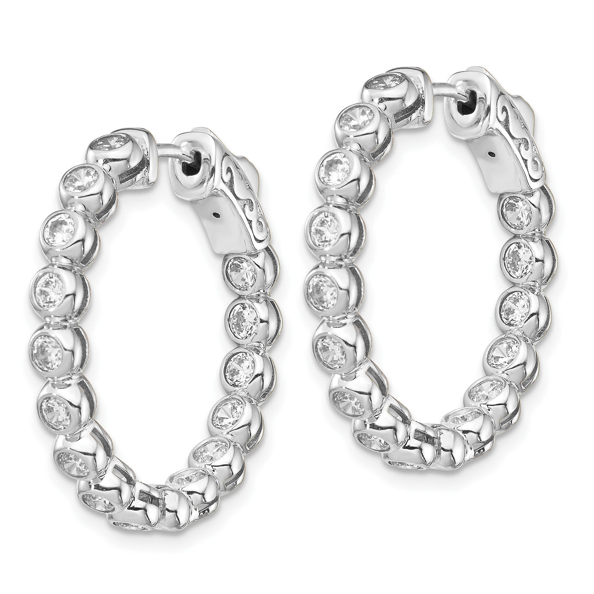 Sterling Silver Hoop Earrings with Round Bezel Set Cubic Zirconia, In and Out Design