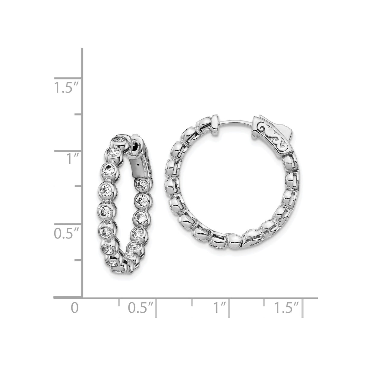 Sterling Silver Hoop Earrings with Round Bezel Set Cubic Zirconia, In and Out Design