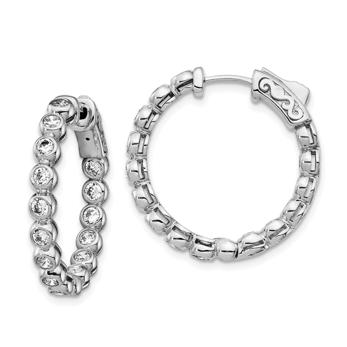 Sterling Silver Hoop Earrings with Round Bezel Set Cubic Zirconia, In and Out Design
