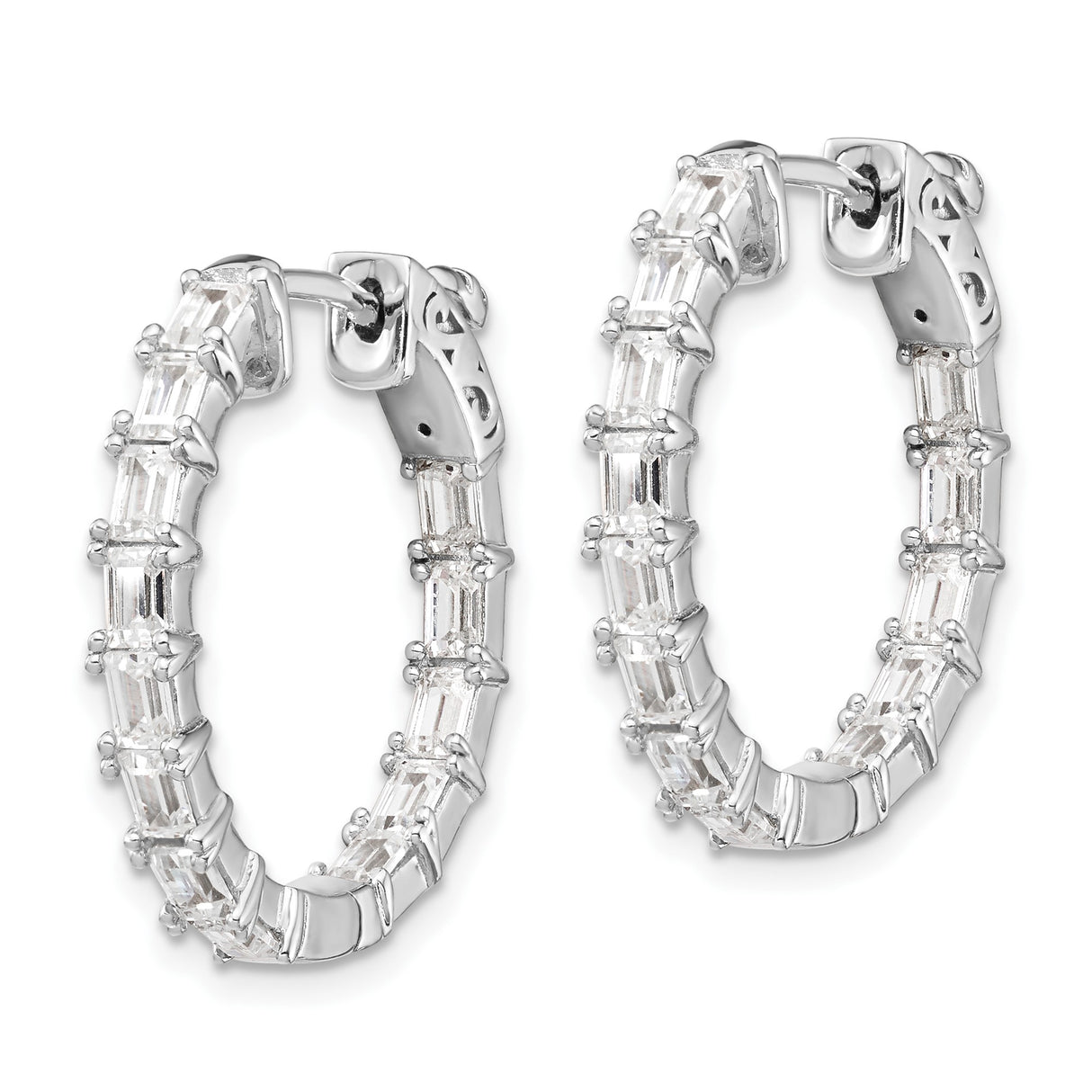 Sterling Silver Hoop Earrings with Baguette Cubic Zirconia, Channel Set Geometric Design