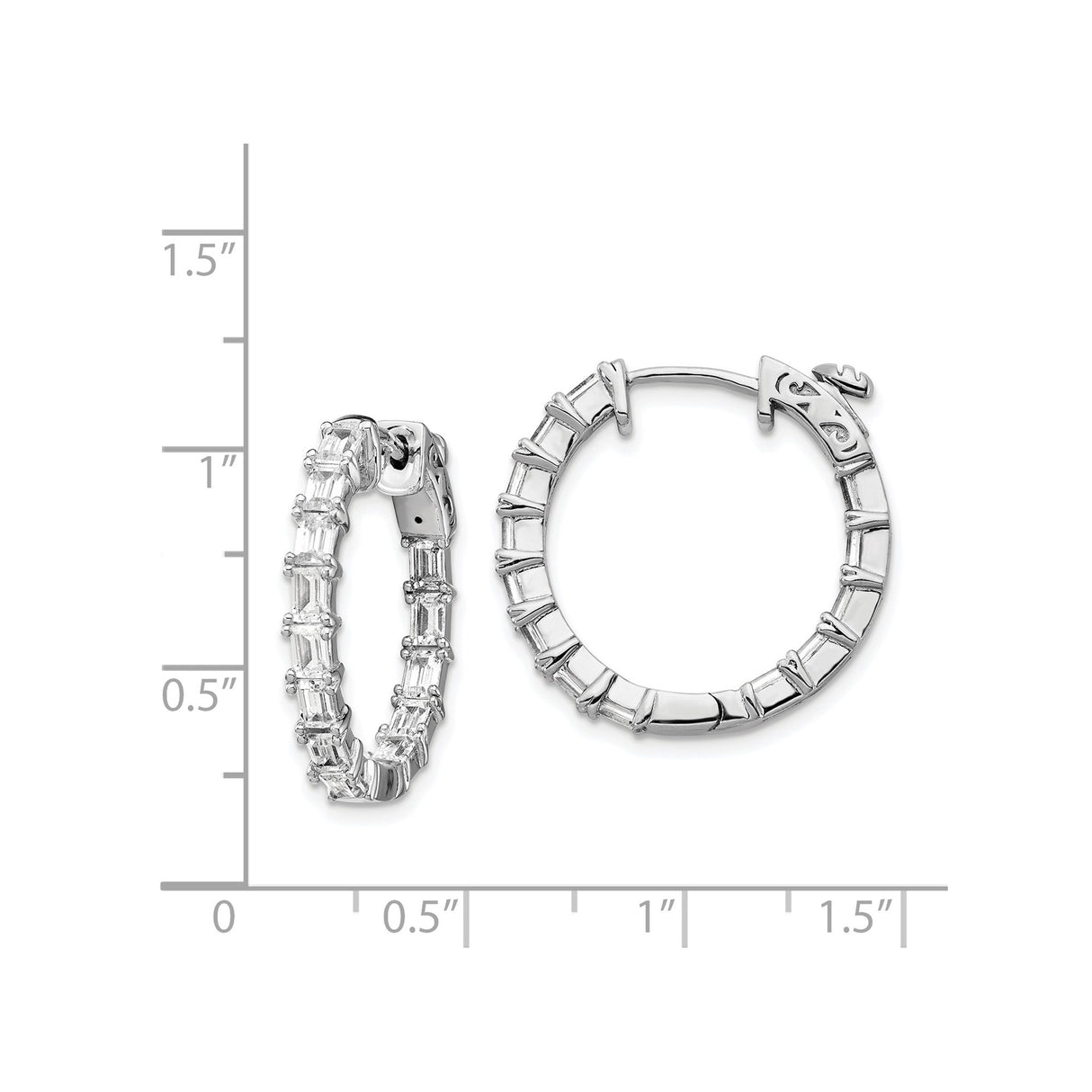 Sterling Silver Hoop Earrings with Baguette Cubic Zirconia, Channel Set Geometric Design