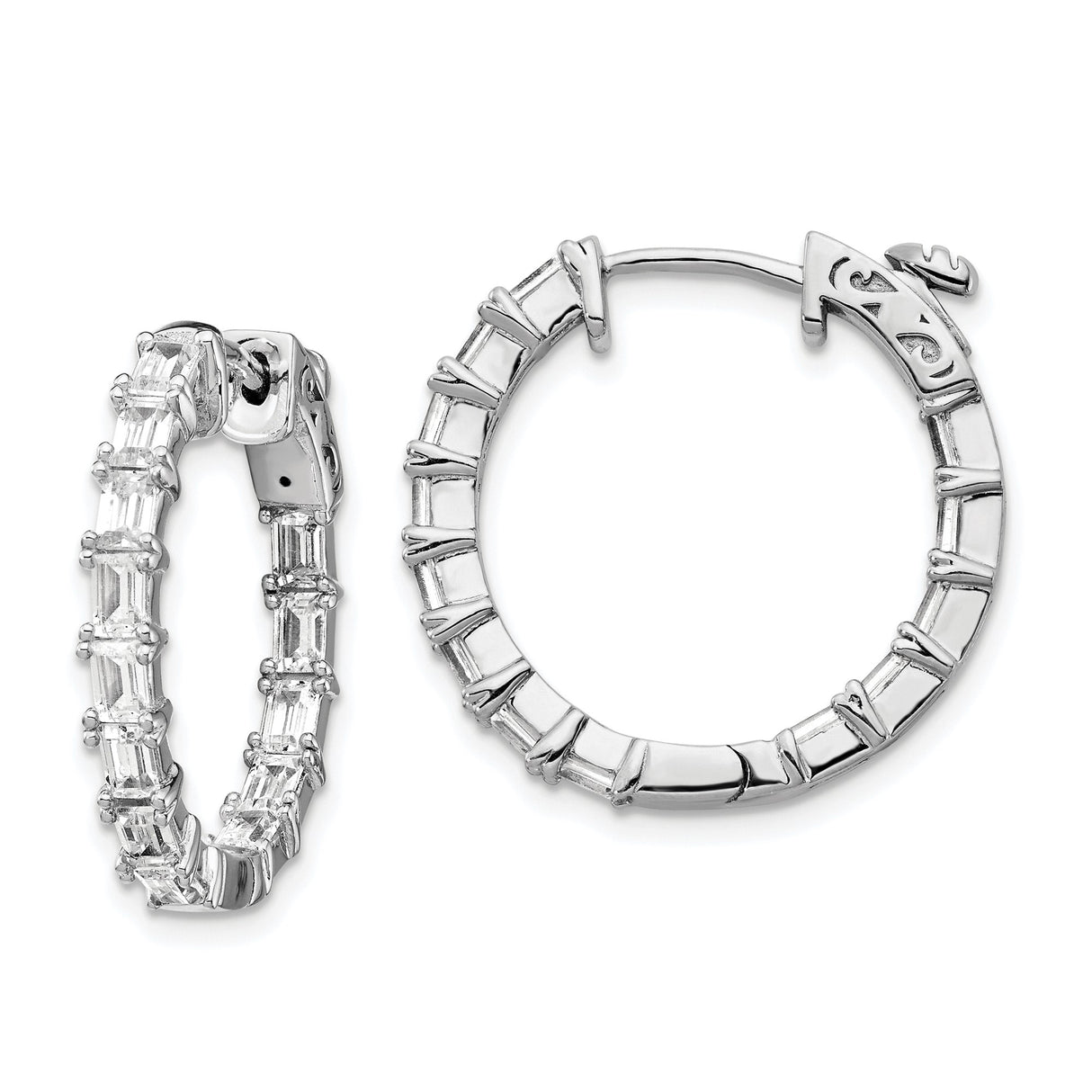 Sterling Silver Hoop Earrings with Baguette Cubic Zirconia, Channel Set Geometric Design