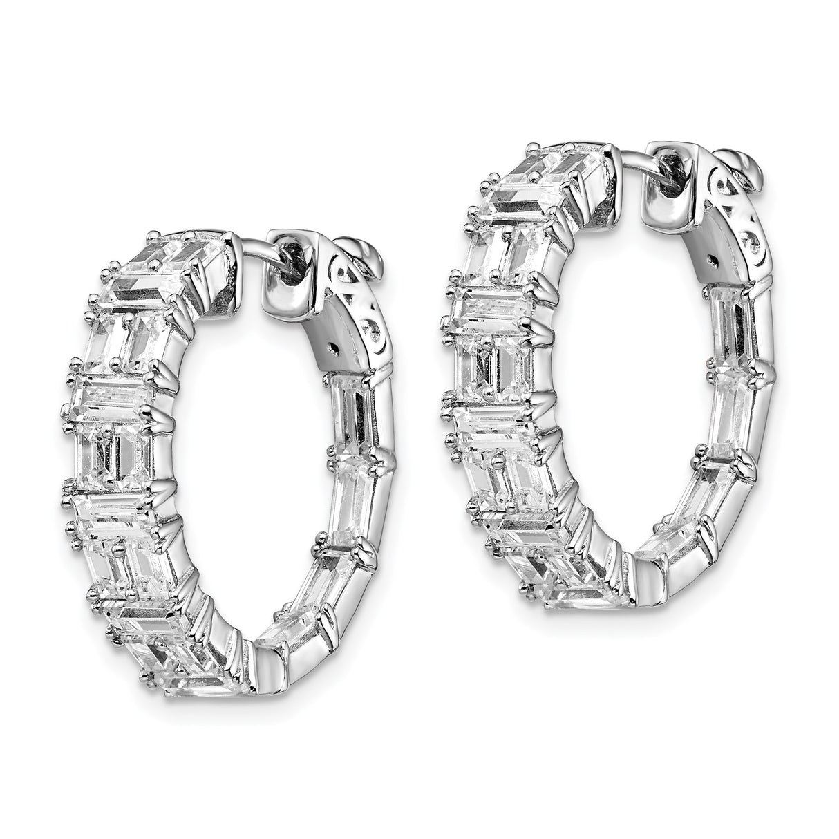 Sterling Silver Hoop Earrings with Channel-Set Baguette Cubic Zirconia, Rhodium Plated