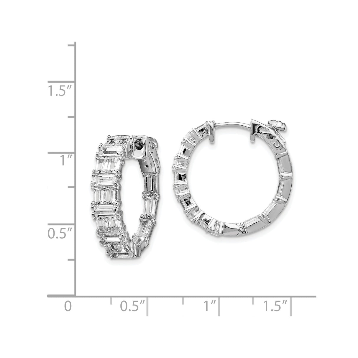 Sterling Silver Hoop Earrings with Channel-Set Baguette Cubic Zirconia, Rhodium Plated