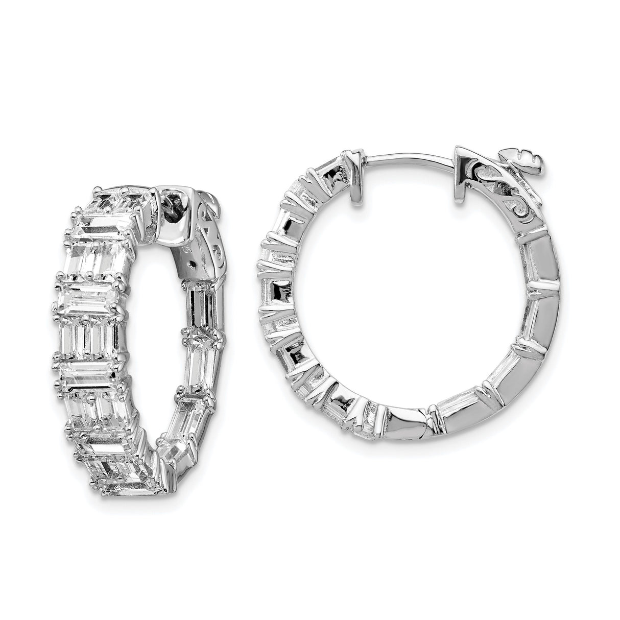Sterling Silver Hoop Earrings with Channel-Set Baguette Cubic Zirconia, Rhodium Plated