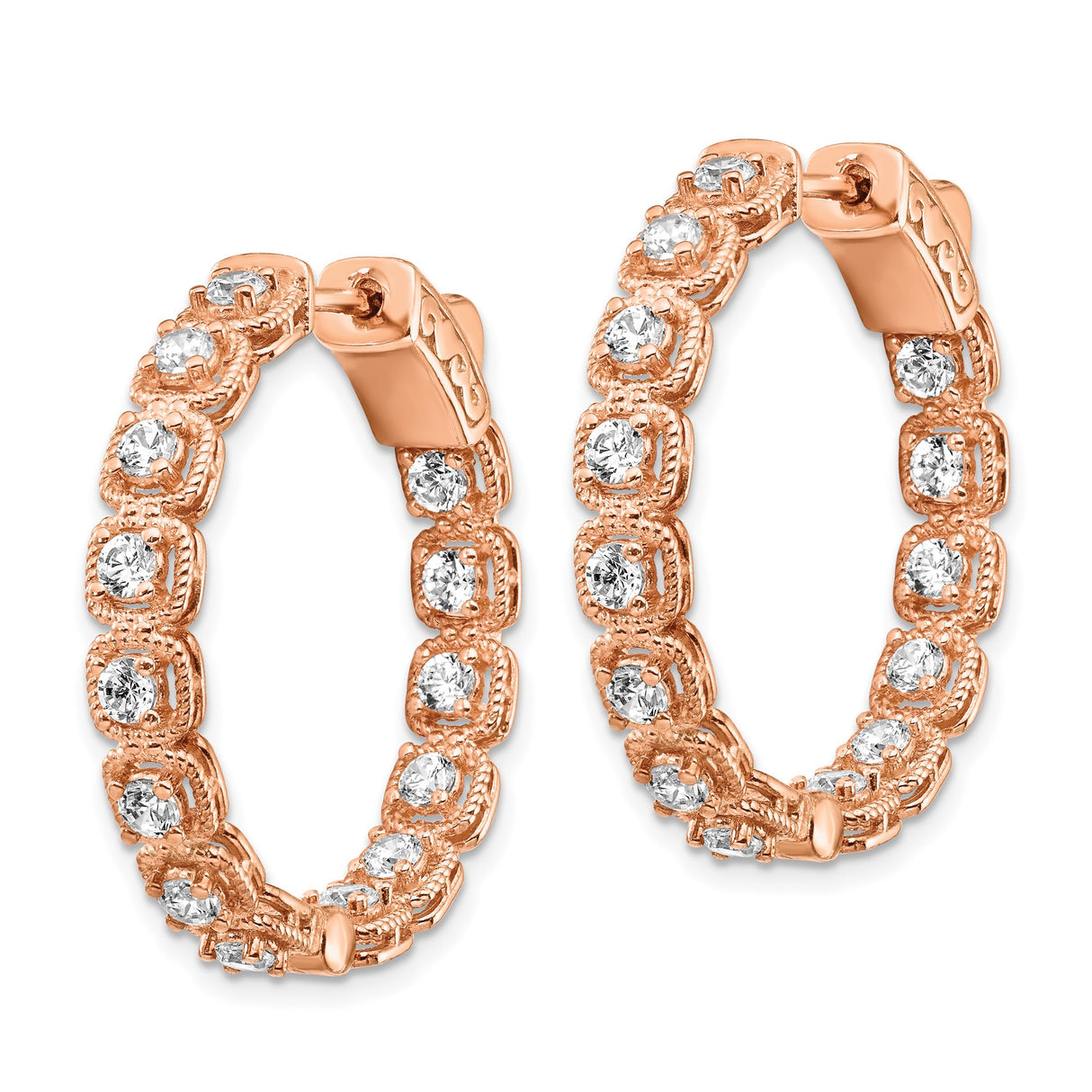 Sterling Silver Rose Gold Plated Hoop Earrings with Cubic Zirconia in Milgrain Bezel Setting