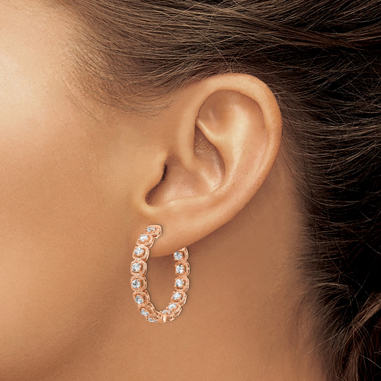 Sterling Silver Rose Gold Plated Hoop Earrings with Cubic Zirconia in Milgrain Bezel Setting