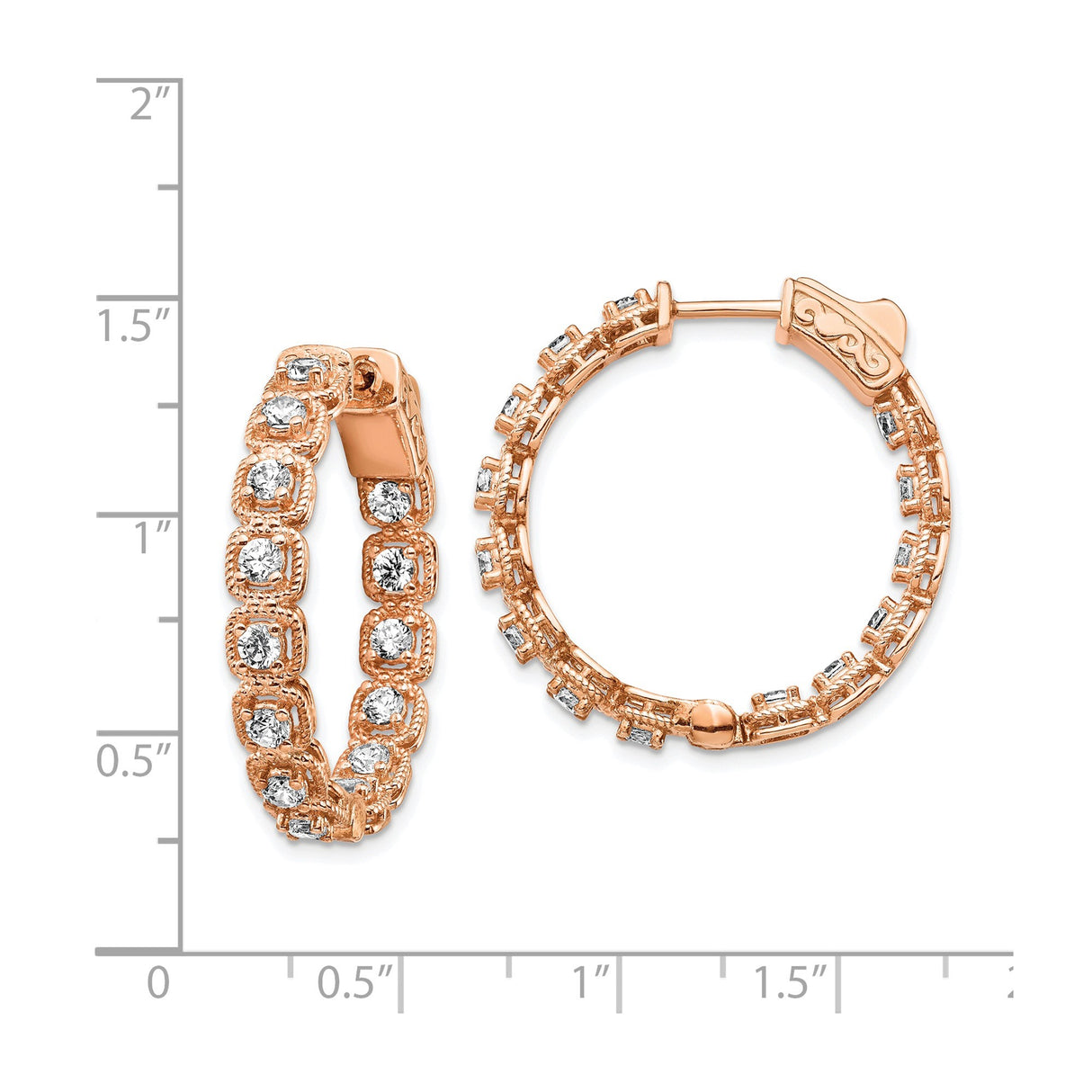 Sterling Silver Rose Gold Plated Hoop Earrings with Cubic Zirconia in Milgrain Bezel Setting