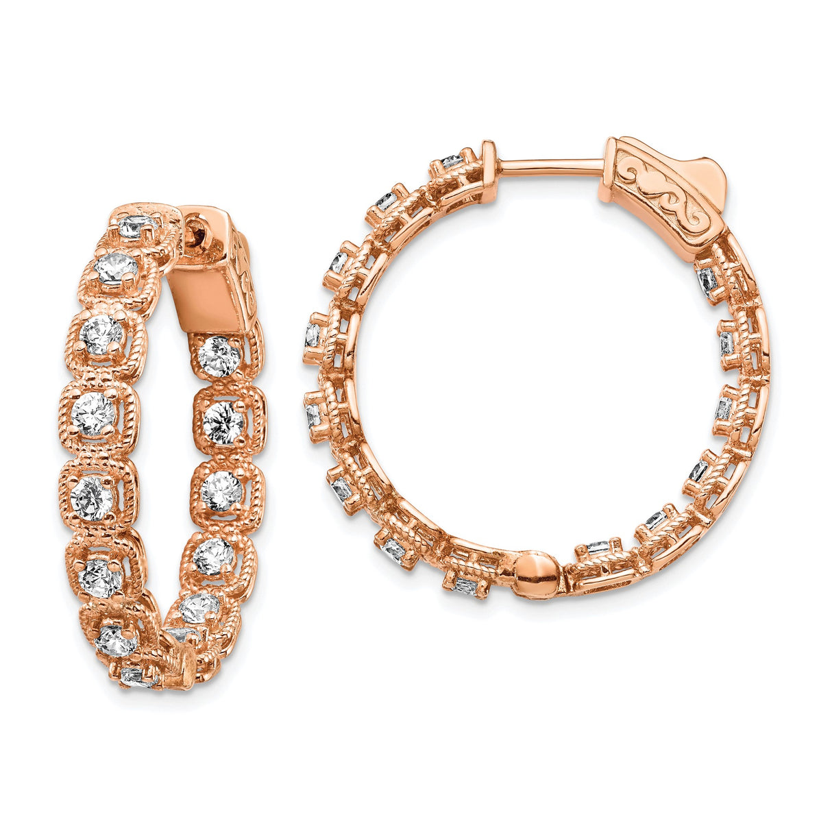 Sterling Silver Rose Gold Plated Hoop Earrings with Cubic Zirconia in Milgrain Bezel Setting