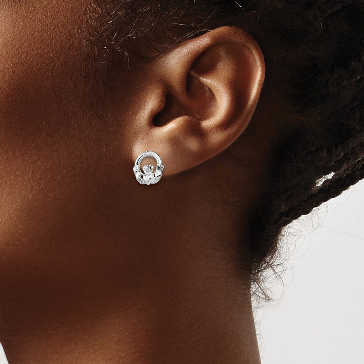 Sterling Silver Claddagh Stud Earrings, Irish Celtic Heart, Hands and Crown Design for Women