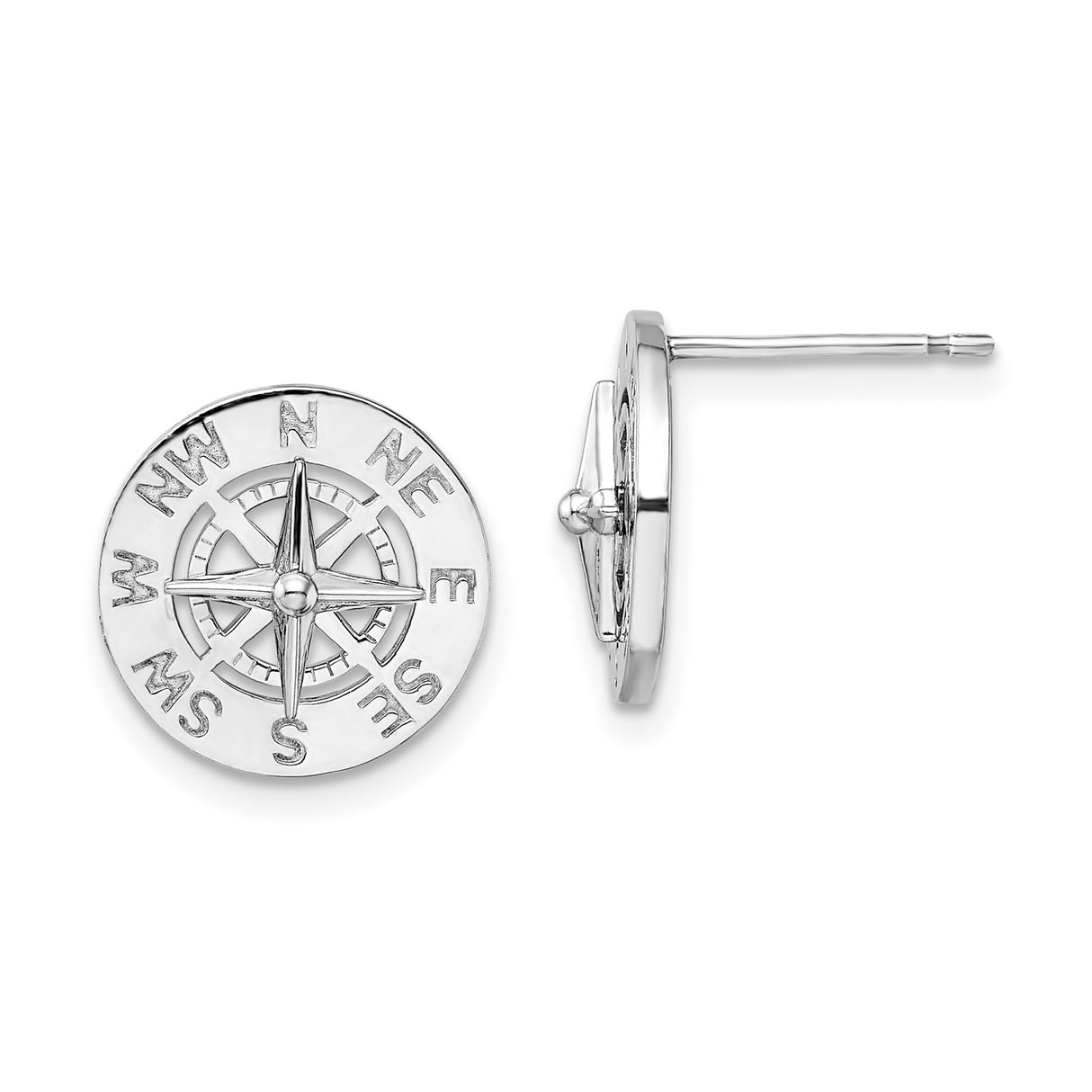 Sterling Silver Compass Rose Stud Earrings with North South East West Design