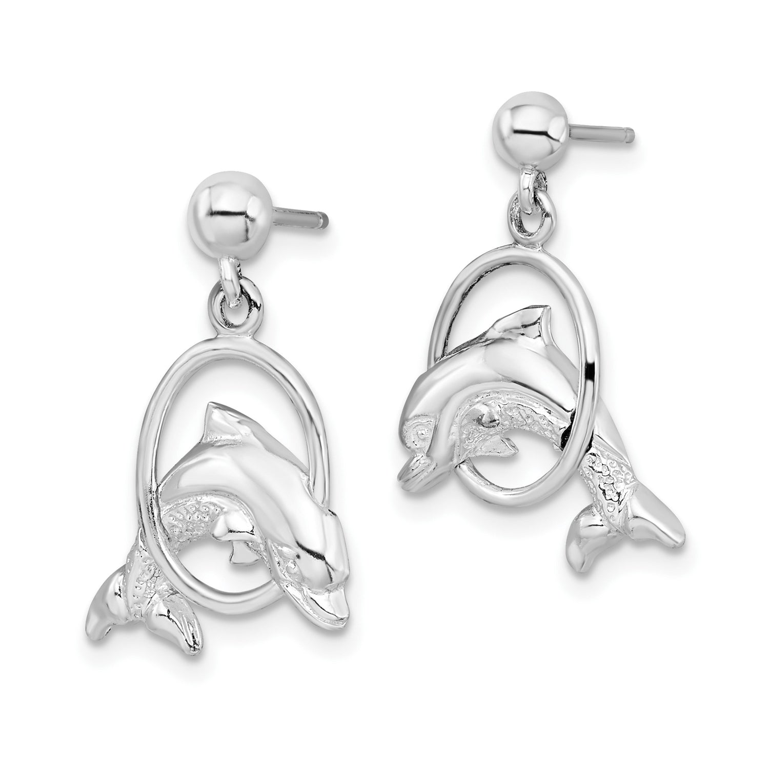Sterling Silver Dolphin Dangle Earrings with Jumping Dolphin Through Hoop Design