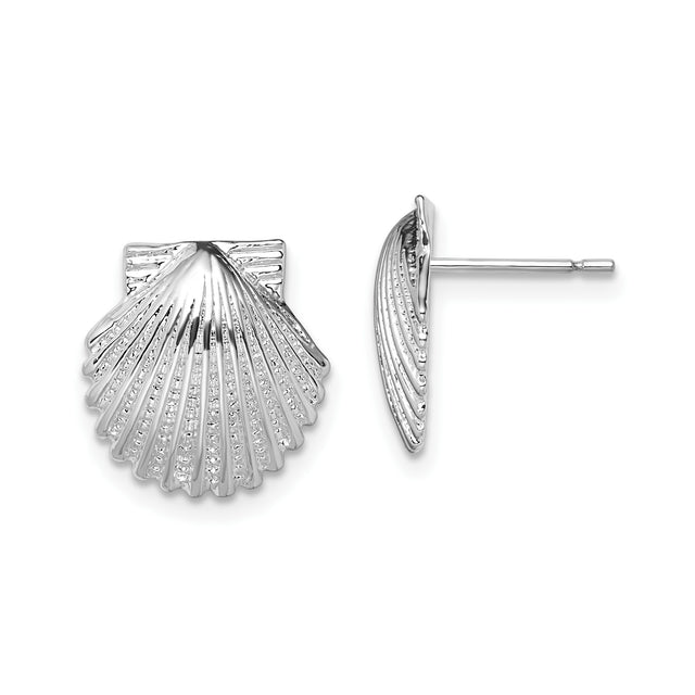 Sterling Silver Scallop Shell Stud Earrings, Textured Nautical Design for Women