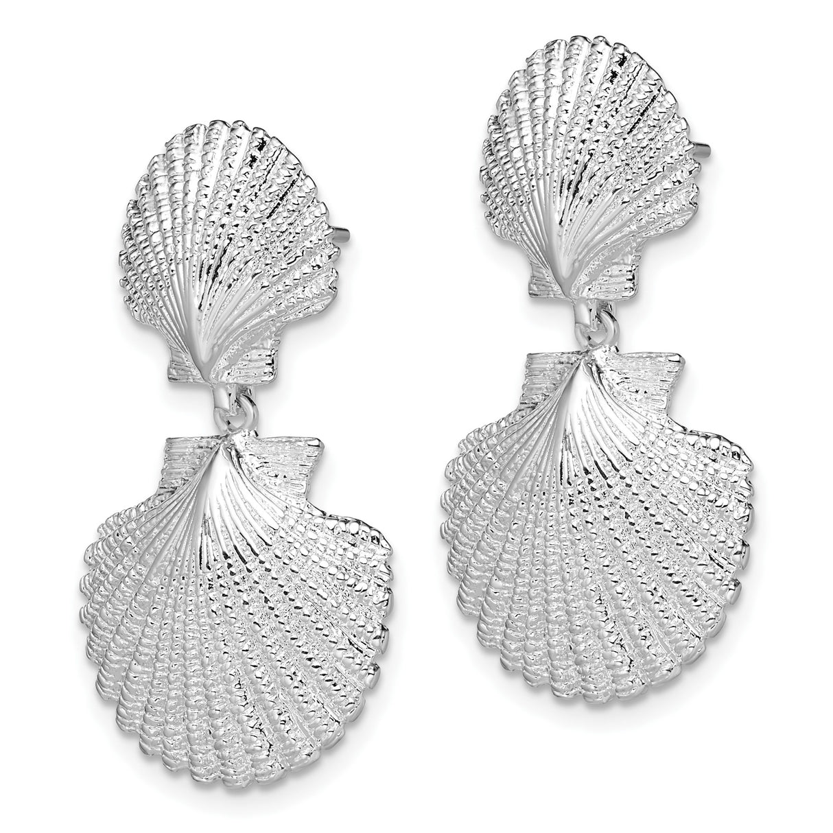 Sterling Silver Dangle Earrings with Double Seashell Design, Textured Ocean-Inspired Style