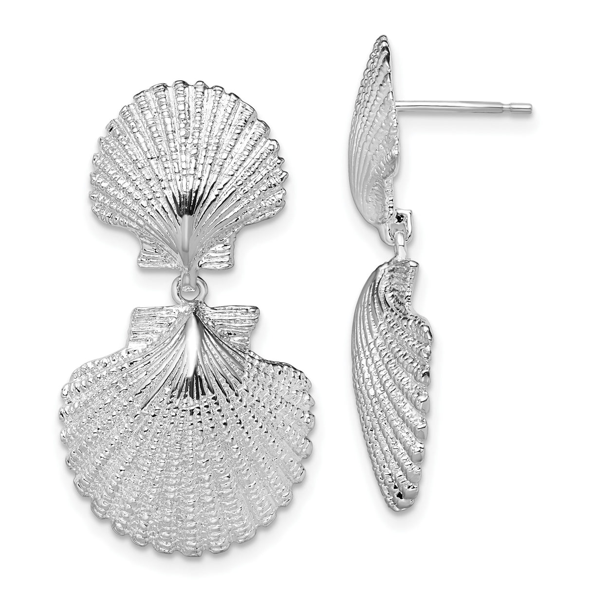 Sterling Silver Dangle Earrings with Double Seashell Design, Textured Ocean-Inspired Style
