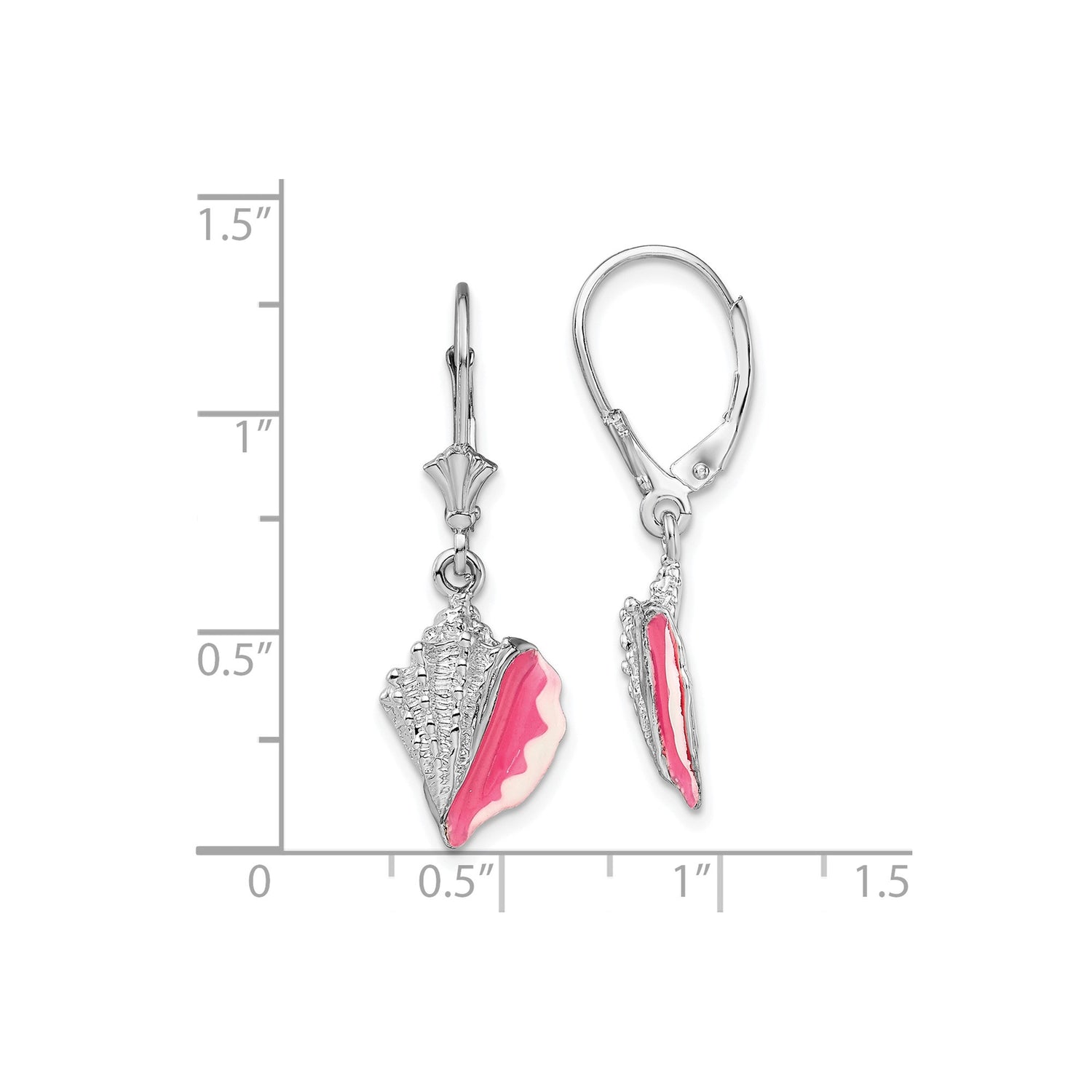 Sterling Silver Dangle Earrings with Pink and White Enamel Conch Shell Charms, Beach Theme Jewelry