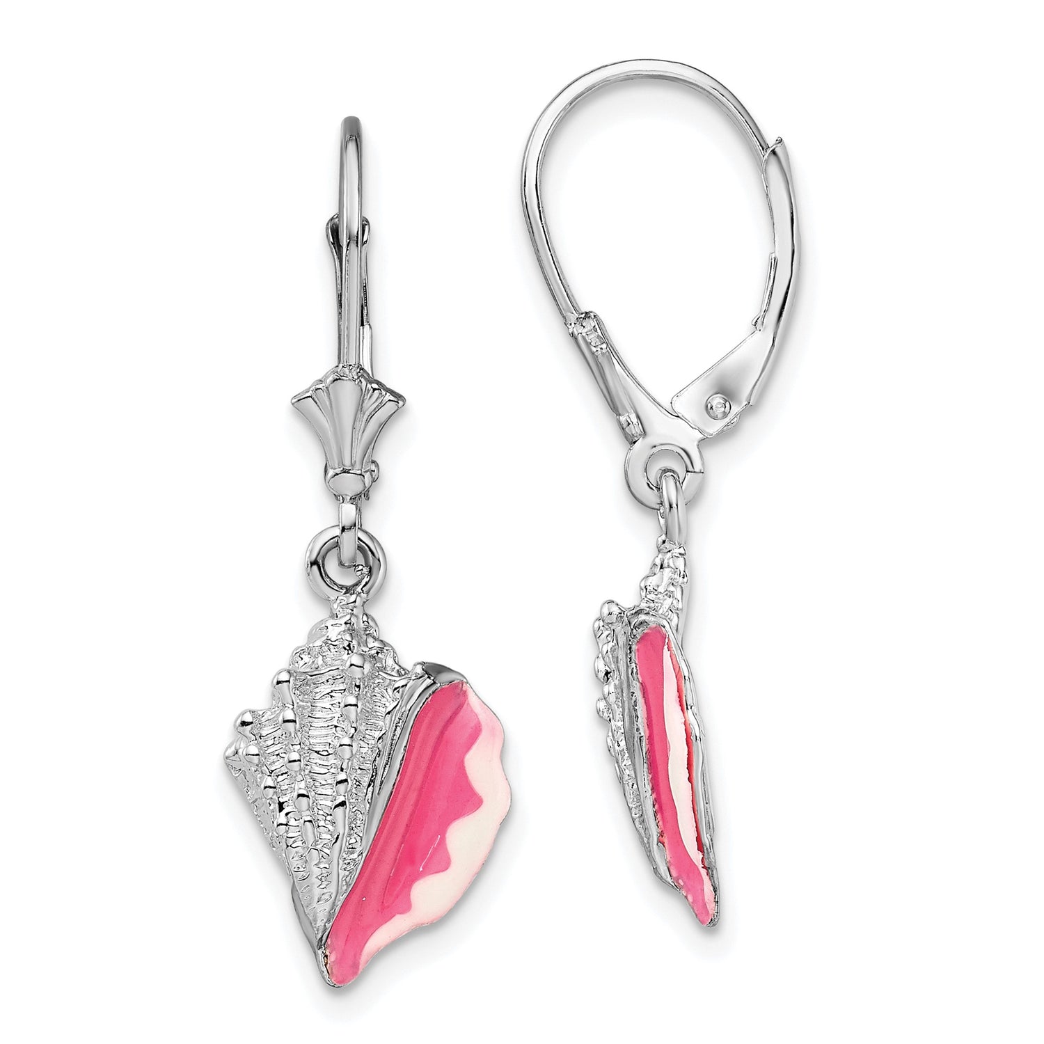 Sterling Silver Dangle Earrings with Pink and White Enamel Conch Shell Charms, Beach Theme Jewelry