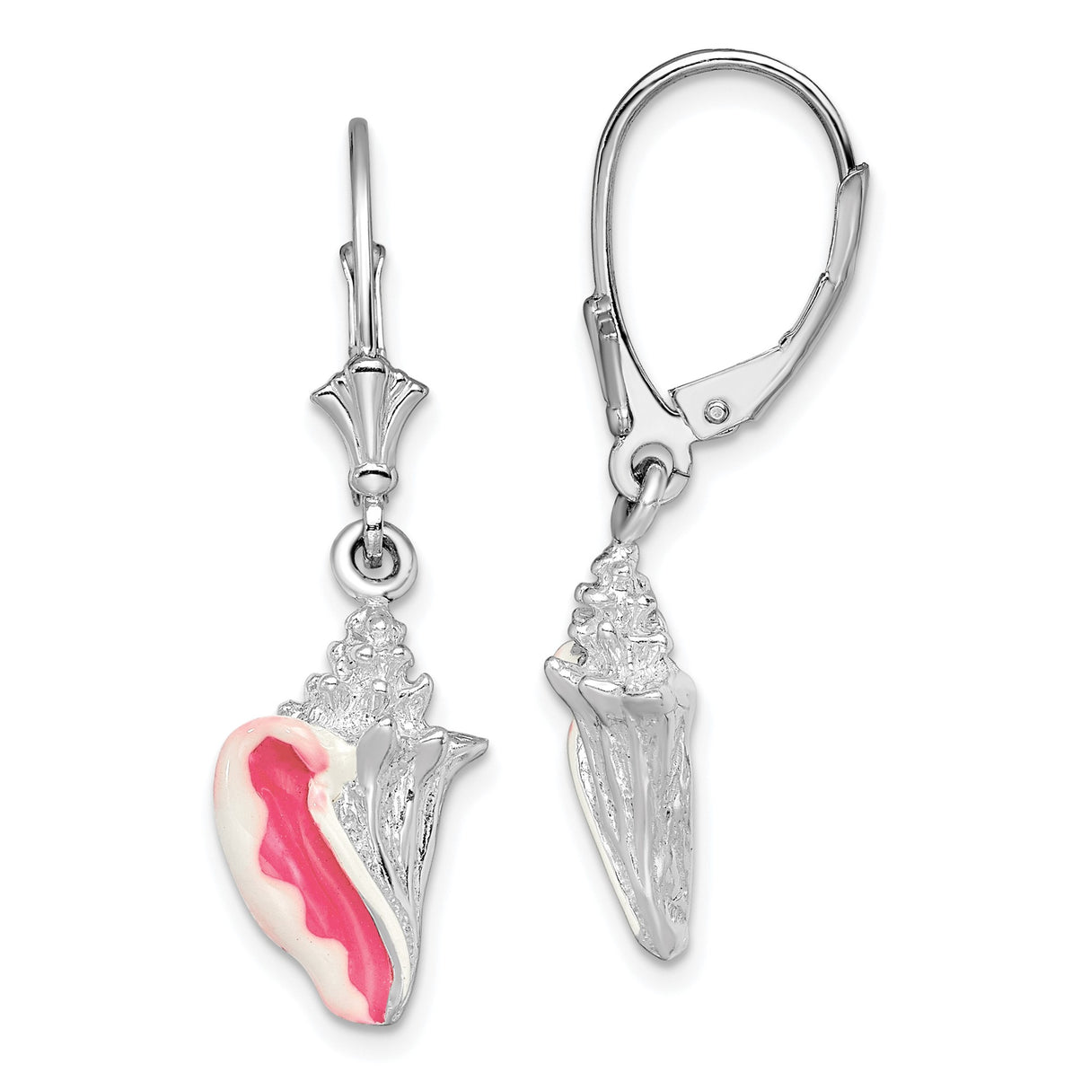Sterling Silver Dangle Earrings with Pink and White Enamel Conch Shell Charms, Nautical Ocean Theme